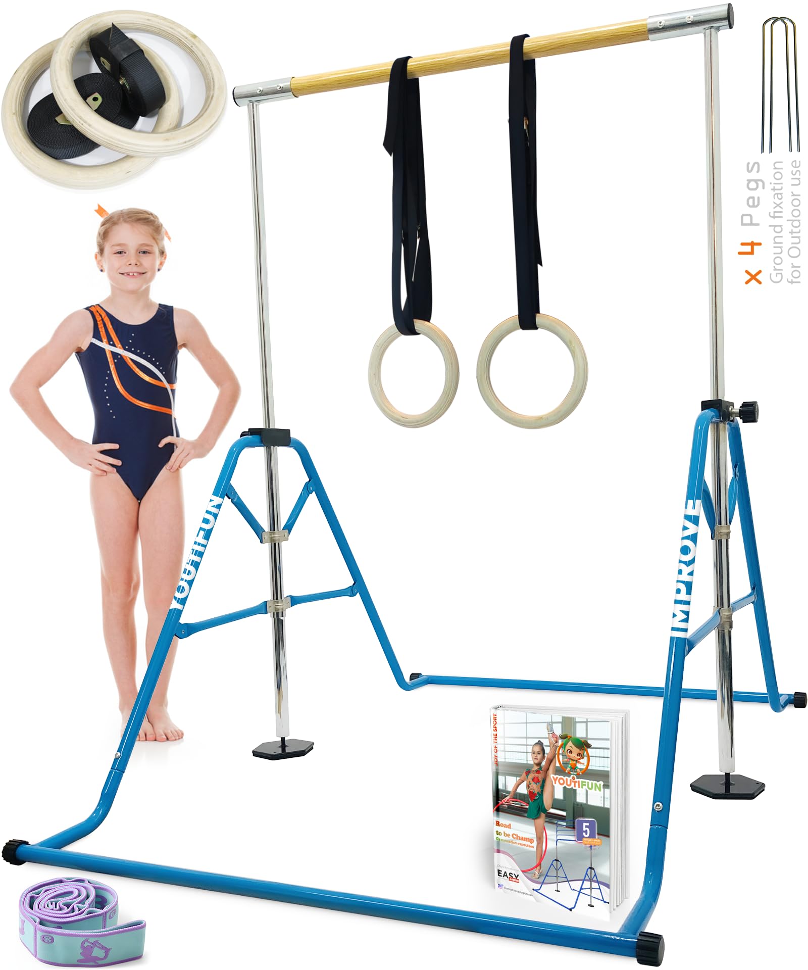 YOUTIFUN Fiberglass Gymnastics Bar, Kids Gym Equipment 5 Level Height Adjustable Pull Up Horizontal Gymnastic Bar, Gymnastics Equipment for Home for Girls & Boys, 3 to 12 years old (blue, Wood Rings)