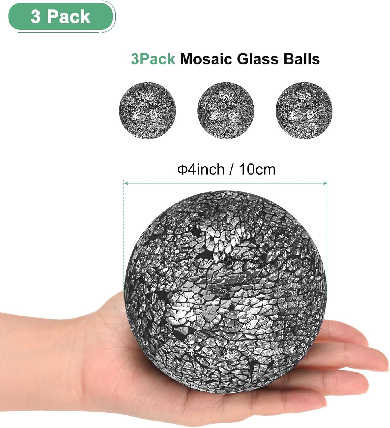 M METERXITY 3-Pack Decorative Ball for Bowls, 4 Inch Mosaic Glass Balls Decorative Glass Orbs for Home Decor/Dining Tables/Wedding Party/Coffee Table/Centerpiece Decor [Black]