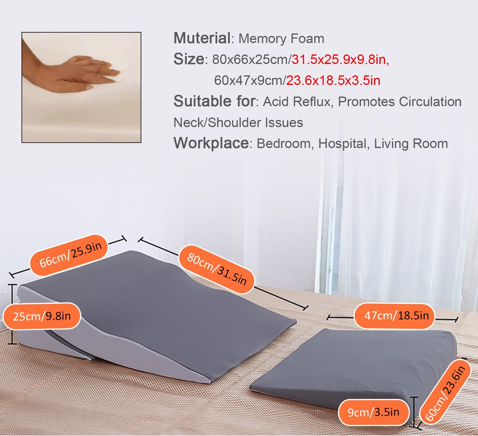 CuñA Antireflujo Adulto Almohada Elevar Colchon Almohada de cuña alargada de 31 pulgadas, cuñas de almohada ajustables con cojines elevados para reflujo ácido/postcirugía/dolor de cuello, cuña de cama