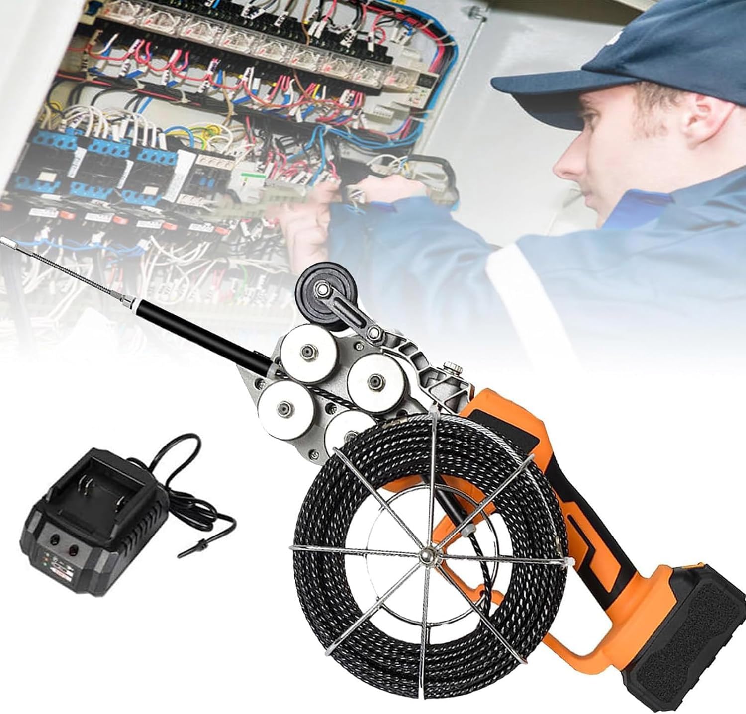 Elektrische Drahteinziehmaschine, Hochgeschwindigkeits-Kabelzieher (40 m/min) für müheloses Verlegen von Kabeln durch Wände, ideal für Elektriker und Heimwerkerprojekte im Elektrobereich (1*battery )