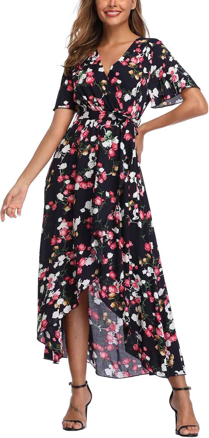 Floral Wrap Maxi Dress: Short Sleeve Boho High Low Zimbabwe Ubuy