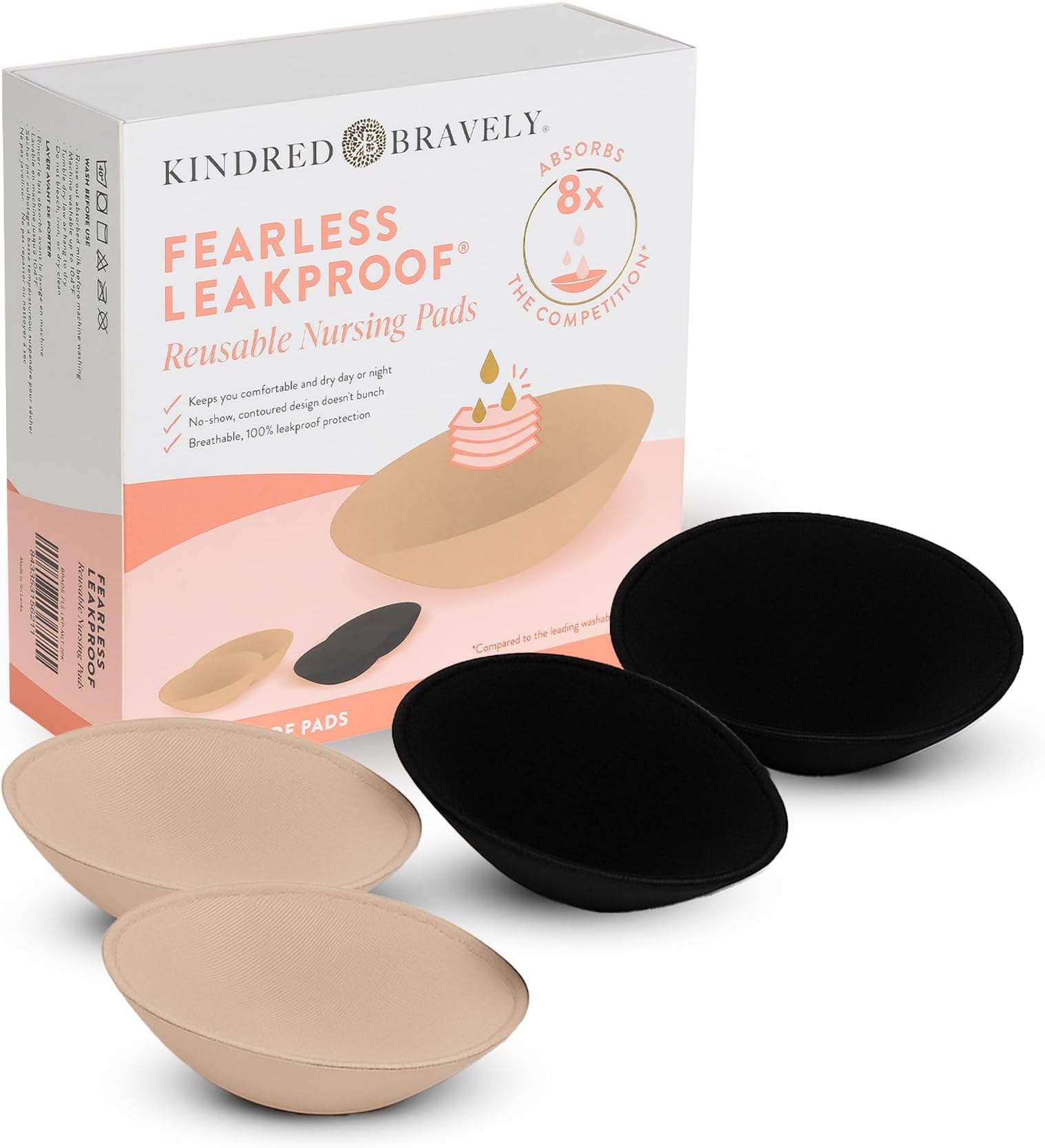 Kindred Bravely Fearless Reusable Nursing Breast Pads, Ultra Absorbent, Leakproof, Washable (4 Pack, Beige/Black)