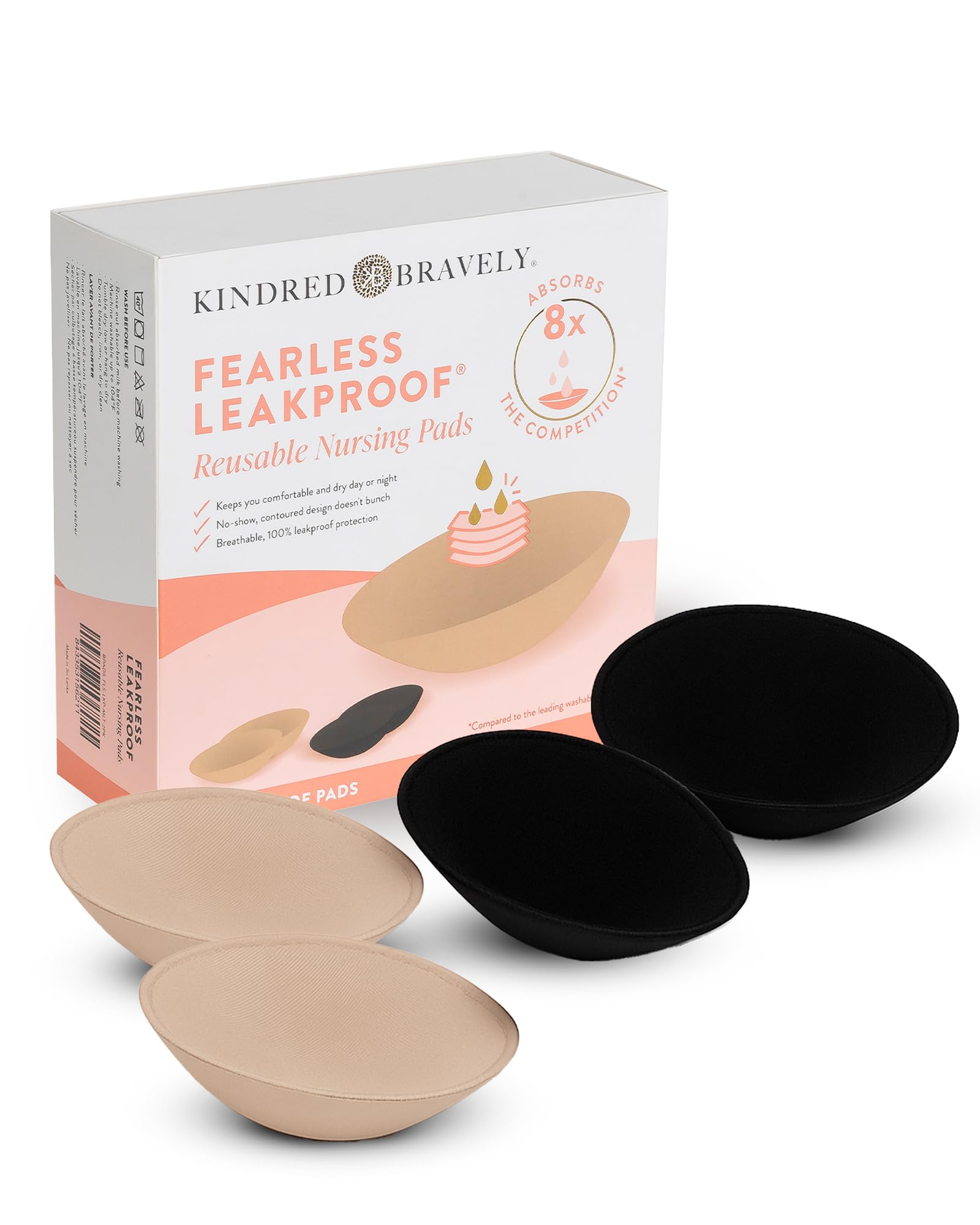 Kindred Bravely Fearless Reusable Nursing Breast Pads, Ultra Absorbent, Leakproof, Washable (4 Pack, Beige/Black)