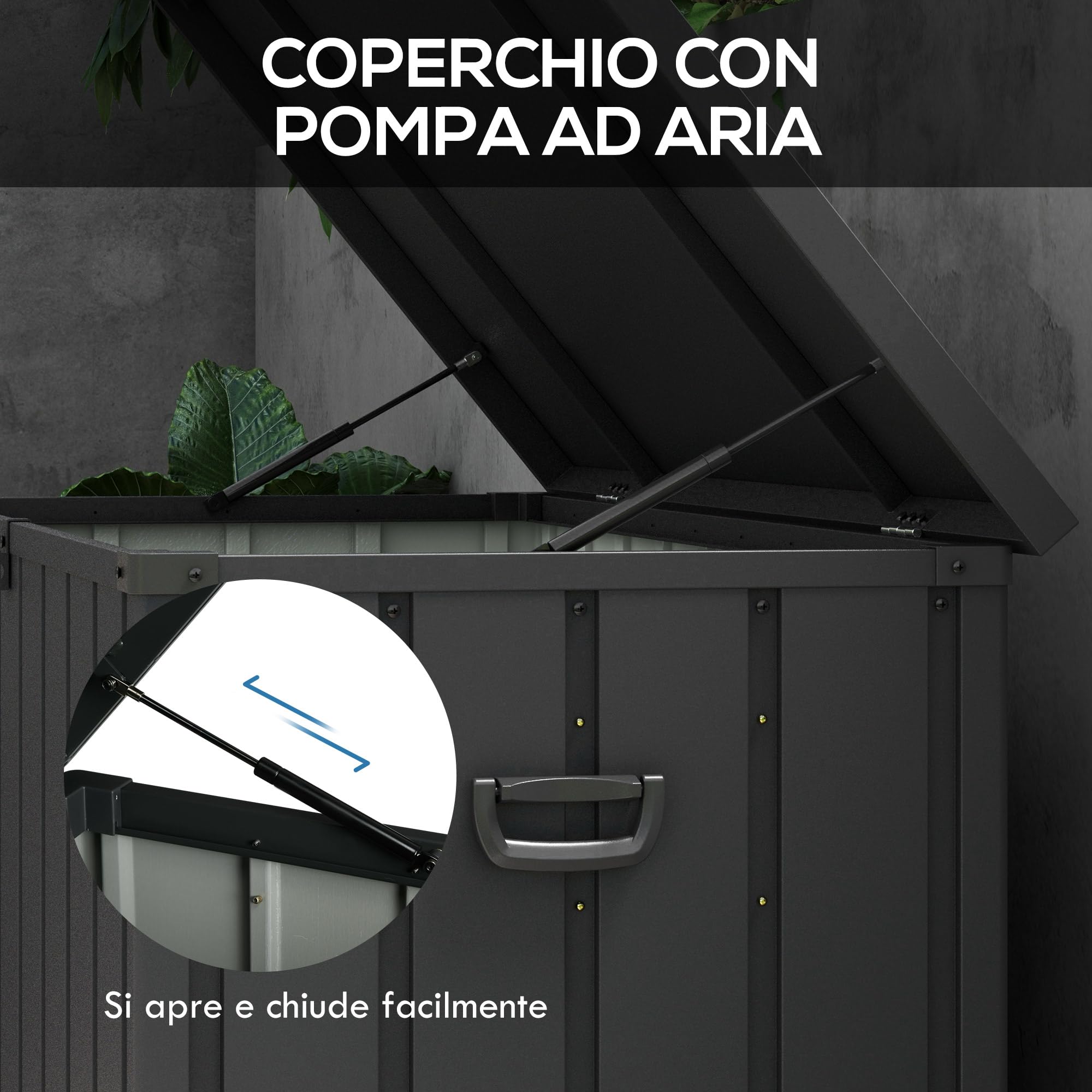 Outsunny Panca Contenitore da 450L con 4 Rotelle, Acciaio e PP, 125.5x61.5x70 cm, Grigio Scuro
