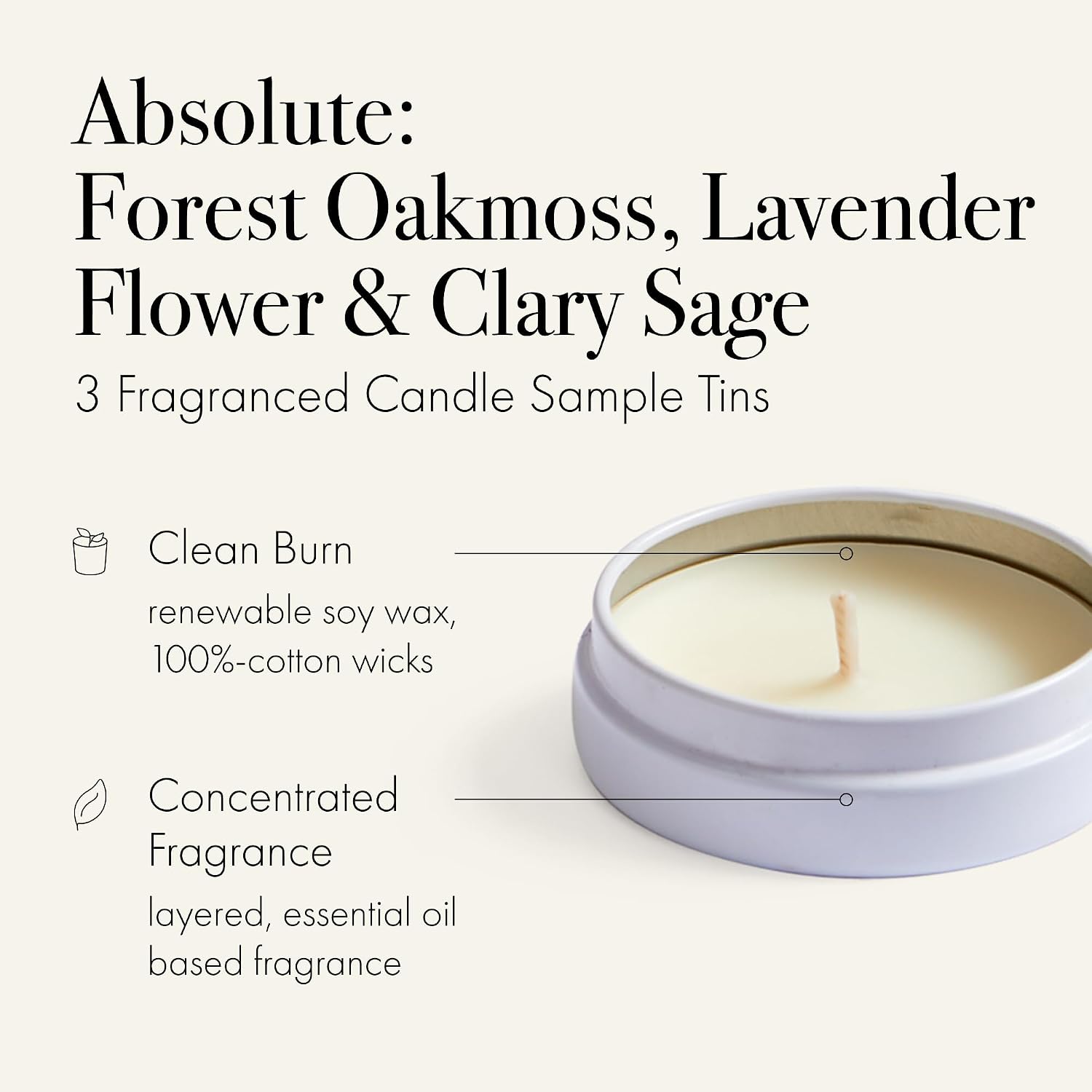 Discovery Trio Absolute: Forest Oakmoss, Lavender Flower & Clary Sage - 3 Fragranced Candle Sample Tins - 2-Hour Burn Time Each - Made in the USA