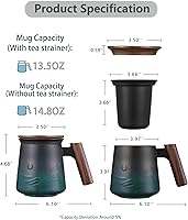 Vista 3 de ZENS Embossed Ceramic Tea Mug with Infuser and Lid, 14.5 oz Wooden Handle, Loose Leaf Tea Steeper Mugs & Strainer for Tea Lovers Gifts