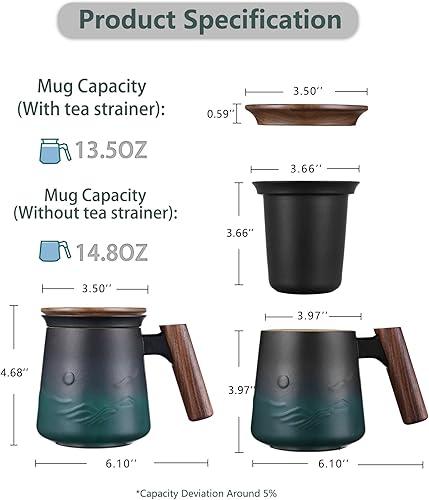 Miniatura 3 de ZENS Taza de té de cerámica en relieve con infusor y tapa, mango de madera de 14.5 onzas, tazas de té de hojas sueltas y colador para regalos para
