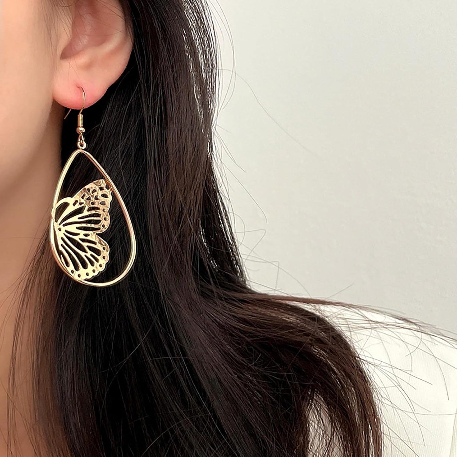 Boho Butterfly Hoop Dangle Earrings Vintage Hollow Butterfly Hook Earrings Hollow Butterfly Wing Earrings Gold Filigree Teardrop Drop Earrings Jewelry for Women - Image 3