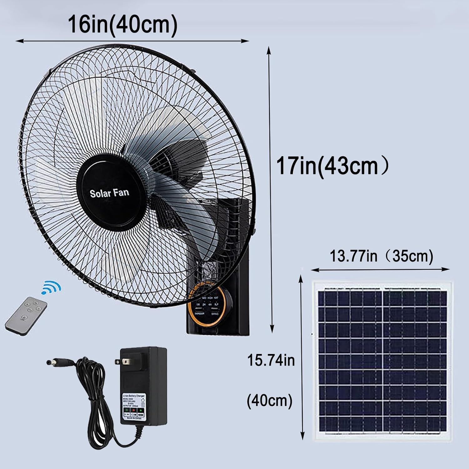 Solar Fan/Solar Powered Fan/Wall Mounted Fan Indoor/Solar Ceiling Fan with Remote Control, 3-Speed, Timer, 90° Oscillating Quiet Fan,16", Adjustable Tilt, Solar Panel/Power Adapter