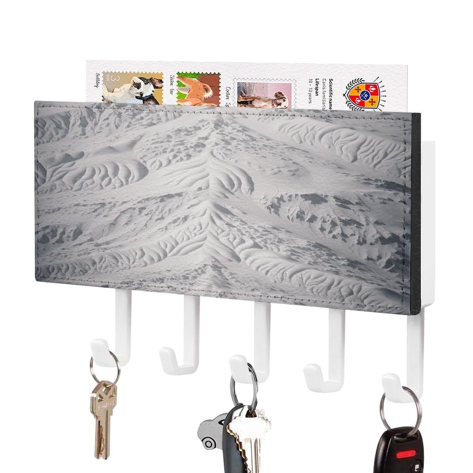 FekiLoot White and Gray Key Holder Wall Mount Key Hanger with 5 Hooks Decorative Key Rack Hanging Key Hooks with Mail Organizer Key Holder for Wall Living Room Kitchen Bathroom Hallway White