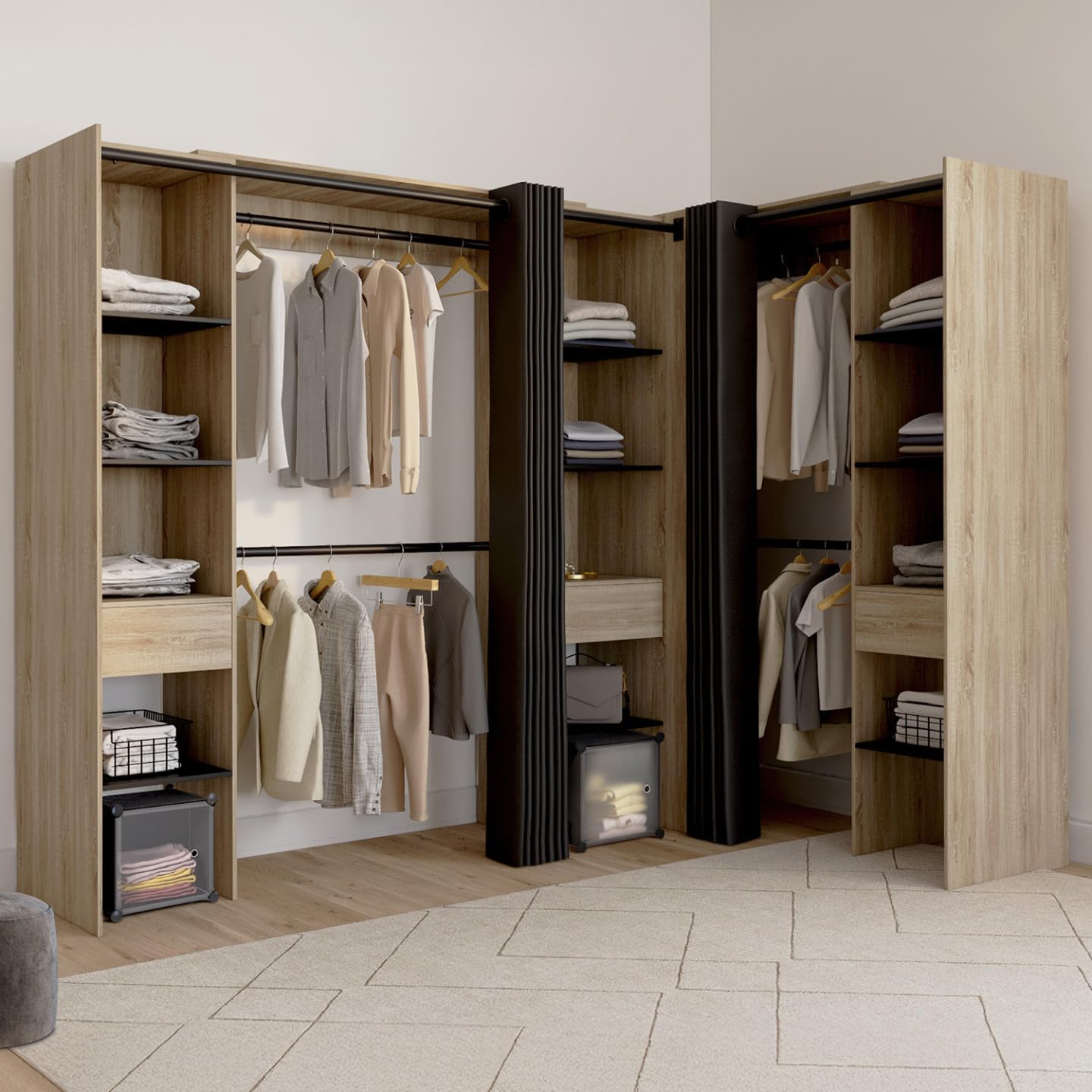 IDMarket - MARLON 230 x 140 x 180 cm Armario esquinero de haya con armarios + estantes + cortinas negras