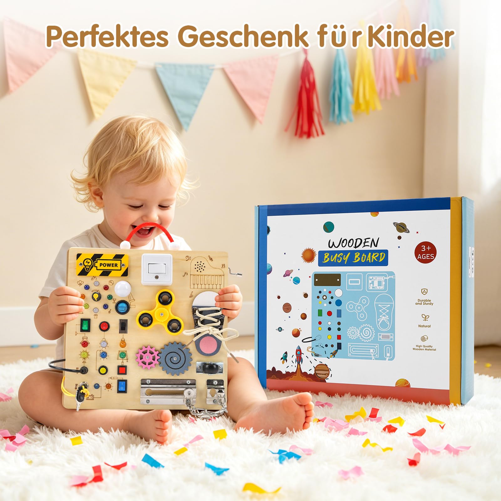 Montessori Busy Board Activity Board ab 1 Jahr,Lernspielzeug Motorikspielzeug Sensorik Spielzeug Holzspielzeug,Leuchten Sensory Learning Spielzeug mit Musikwerk & Farbmischfunktion