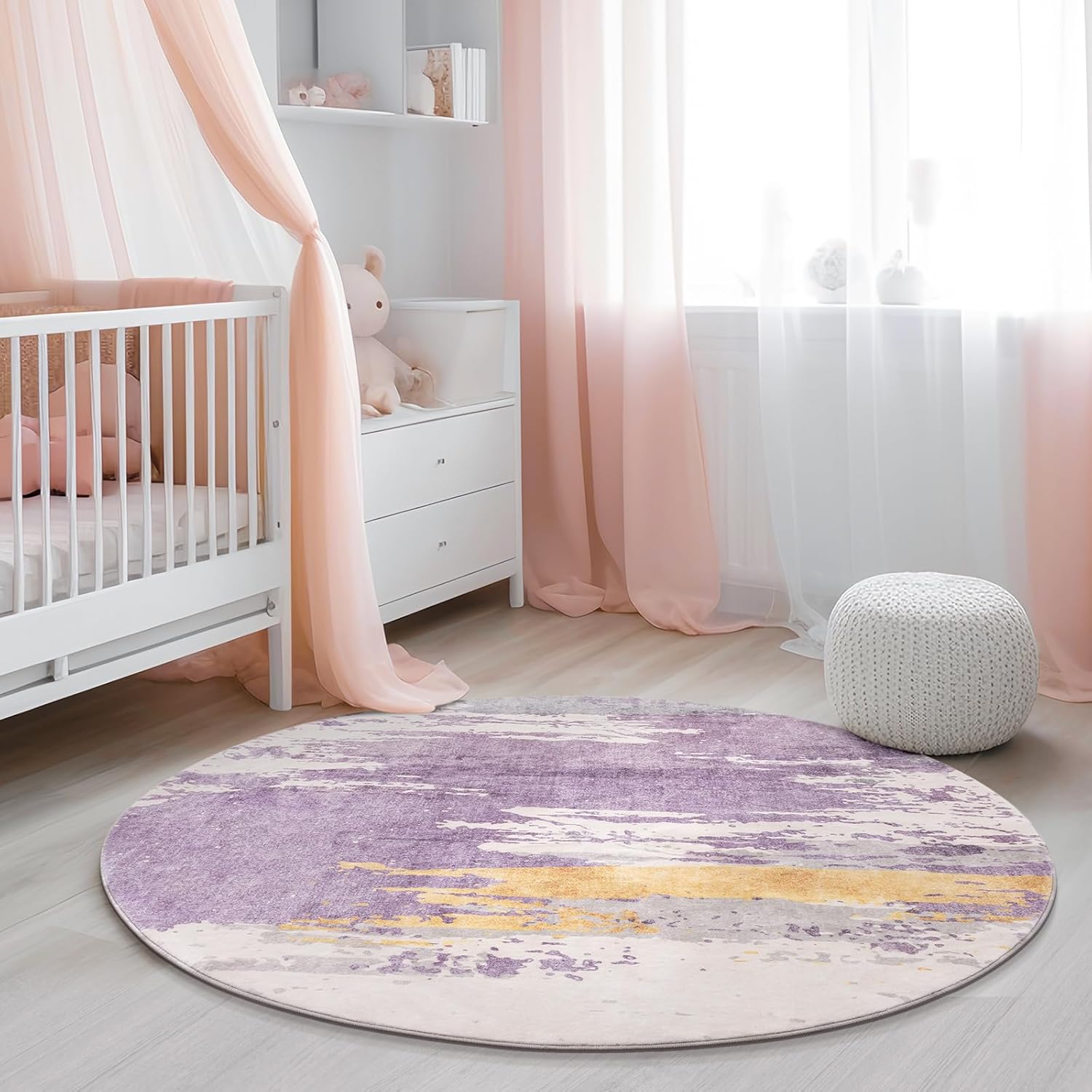 Asrug Small Round Rug 3ft, Abstract Round Rug, Non-Slip Washable Circle Rug for Nursery, Machine Bathroom Rug, Soft Throw Floor Carpet Low Pile for Kitchen Living Bedroom, Purple