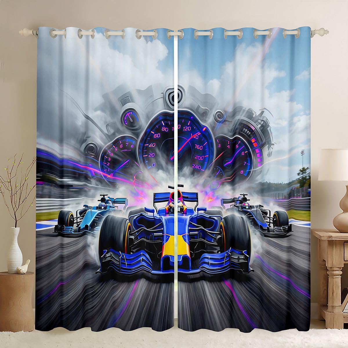 Homewish Chłopięce zasłony okienne, 117 x 183 cm, 2 zestawy paneli – zasłony zaciemniające do samochodu wyścigowego, tor wyścigowy, sporty ekstremalne, zasłony okienne, neonowa deska rozdzielcza