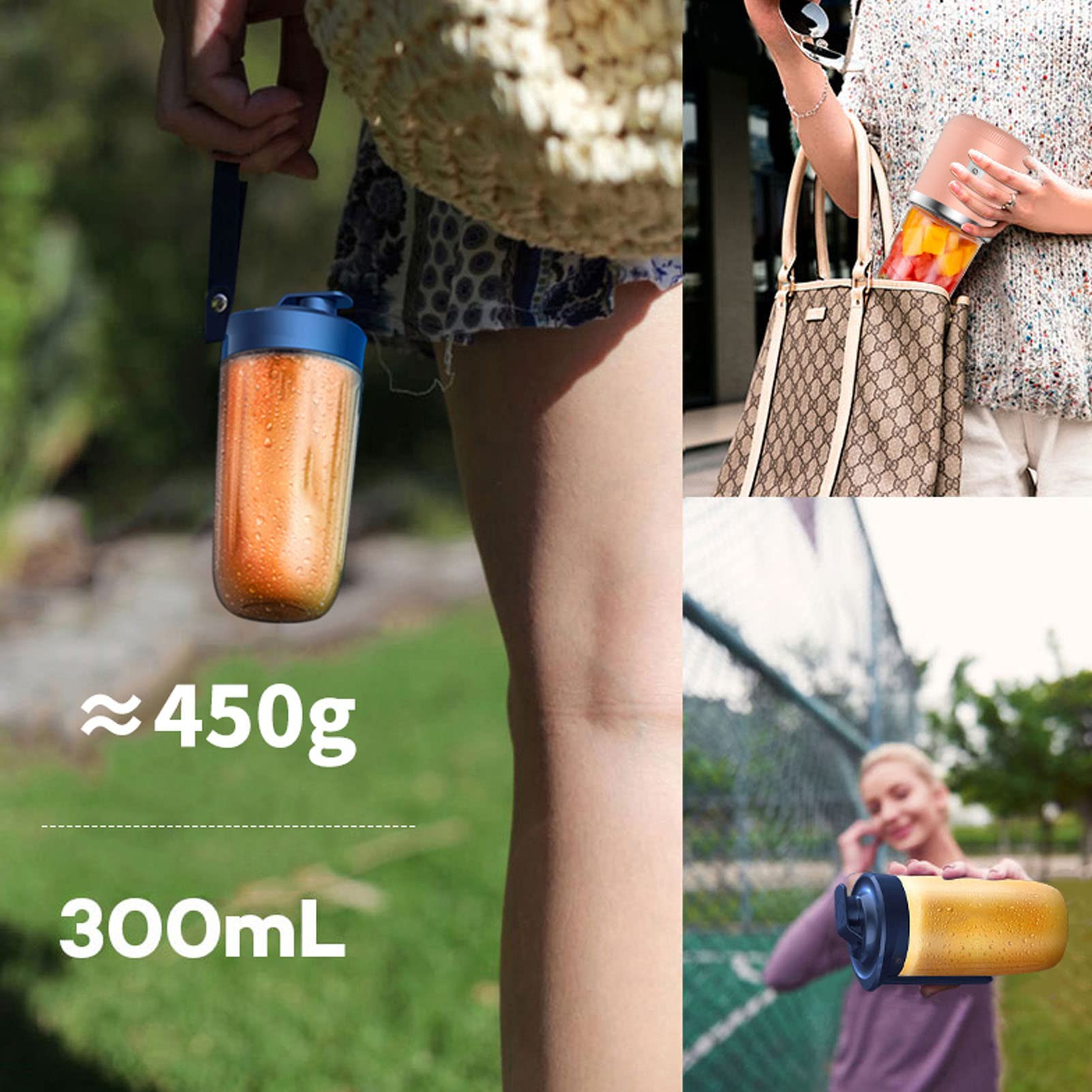Wakects mini blender elektryczny, 300 ml przenośny sokowirówka sokowirówka butelka 1200 mAh ładowanie USB z pokrywką 6 ostrzy do mielenia (niebieski, 6 ostrzy, pokrywka)