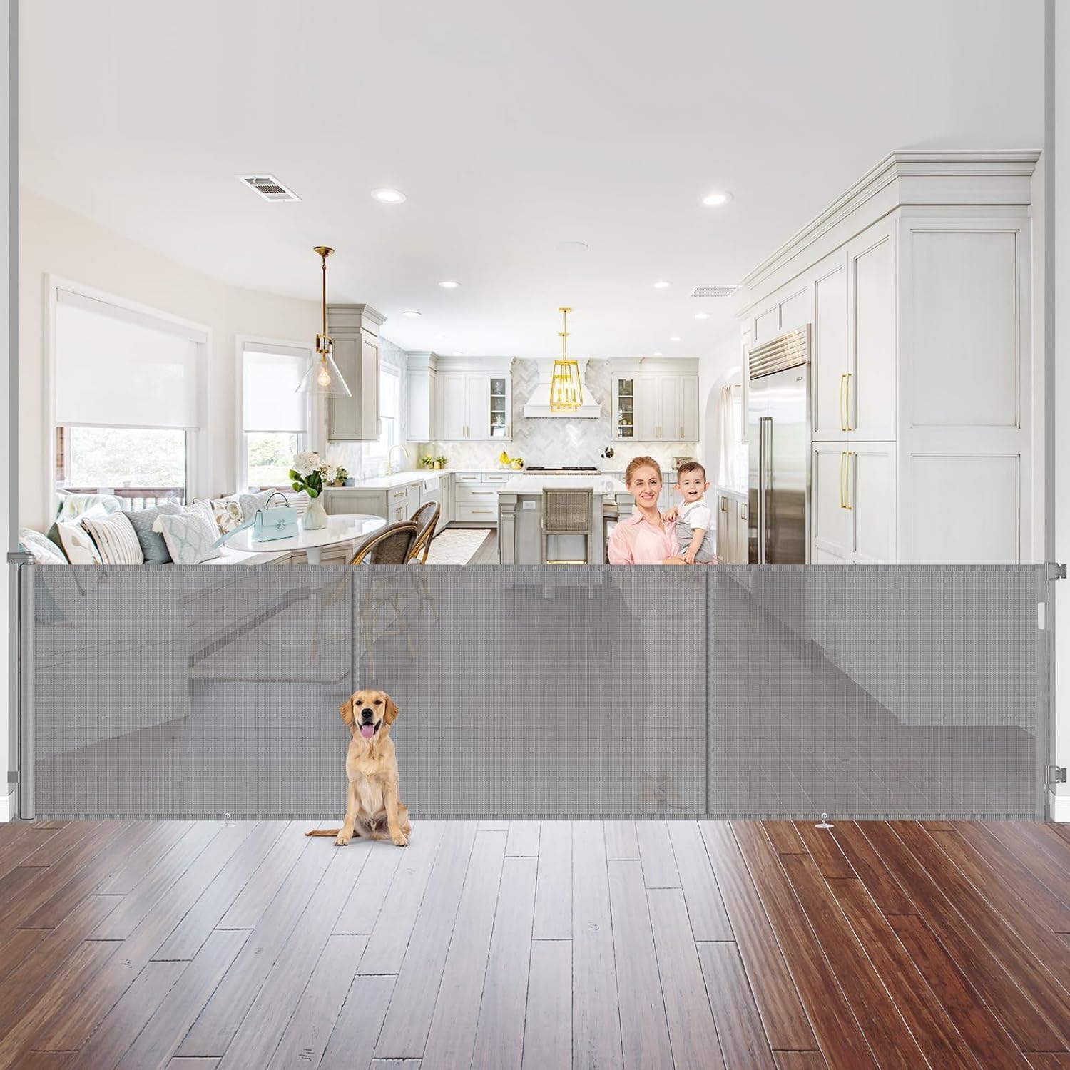 Retractable Stair Gate for Baby, Extra Wider Safety Dog Gate 150cm, 86cm Tall, One Hand Operated Baby Gate for Stairways & Hallways, Indoor & Outdoor, Grey (150cm)
