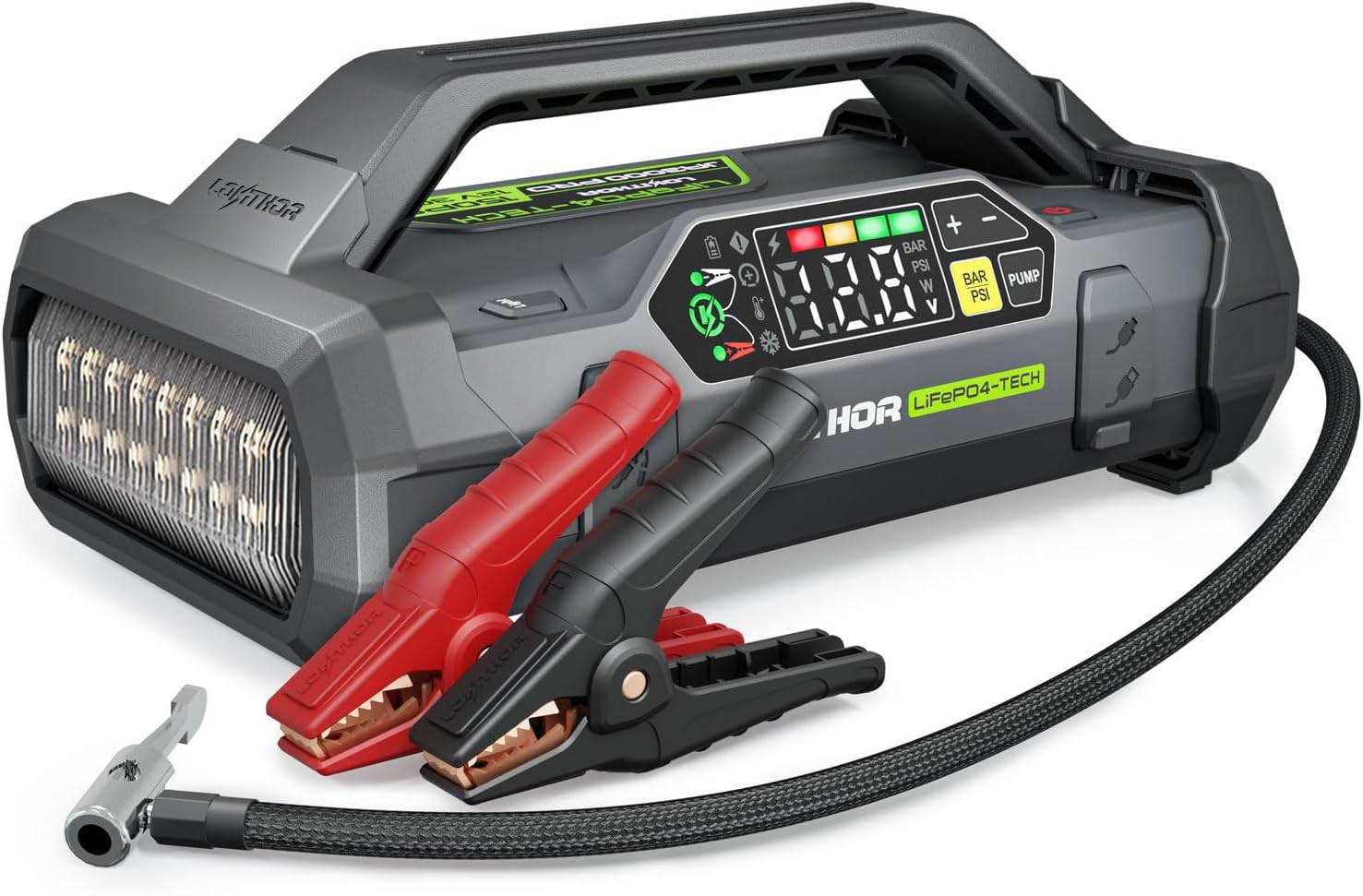 LOKITHOR LIFEPO4 Series JA3000 PRO Jump Starter with Air Compressor, 3000 Amp 12 Volt Battery Pack, Portable Jump Box and Jumper Cables for 9.0L Gas and 7.0L Diesel Engines, 2000 Cycle Life