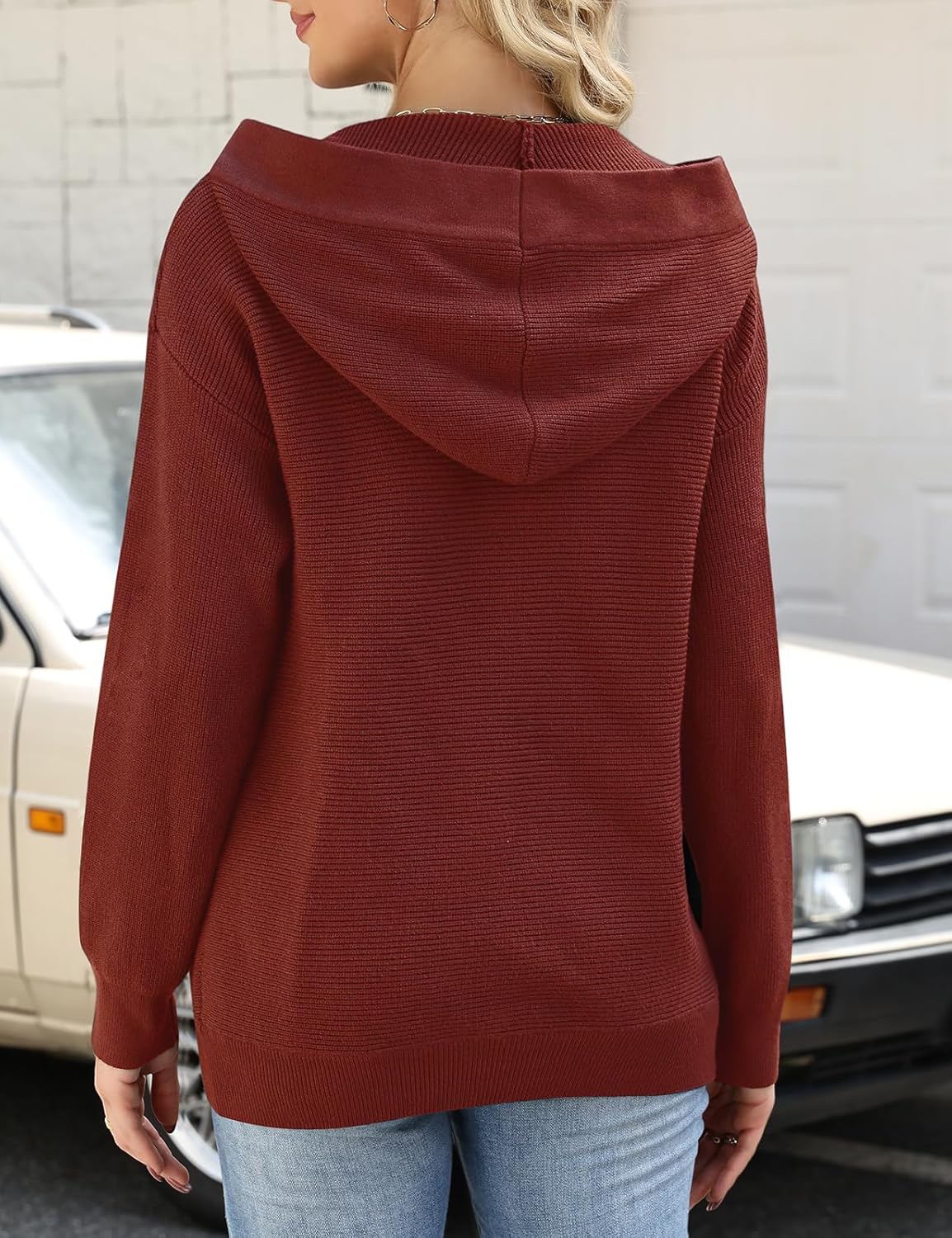 Women Hoodies Sweaters Oversized V Neck Striped Knit Pullover Sweatshirts Hooded Button Long Sleeve Tops with Pocket - Image 2