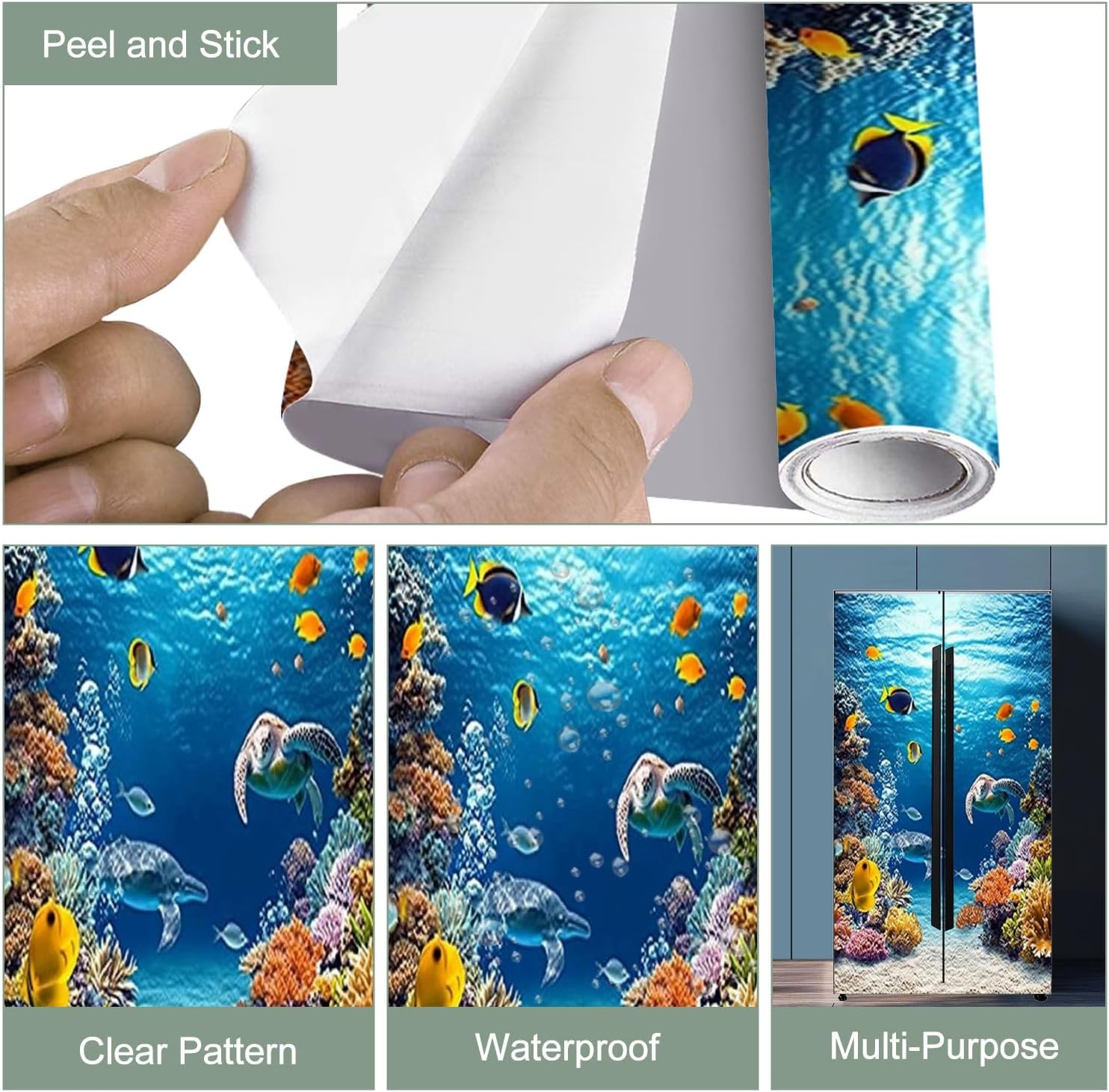 Self Adhesive Vinyl Refrigerator Wrap Ocean Blue Underwater Turtle Dolphin Whale Fish Beach Coastal Seascape Door Mural Sticker Peel and Stick Removable Door Cover Fridge Wrap Decal for Kitchen Decor