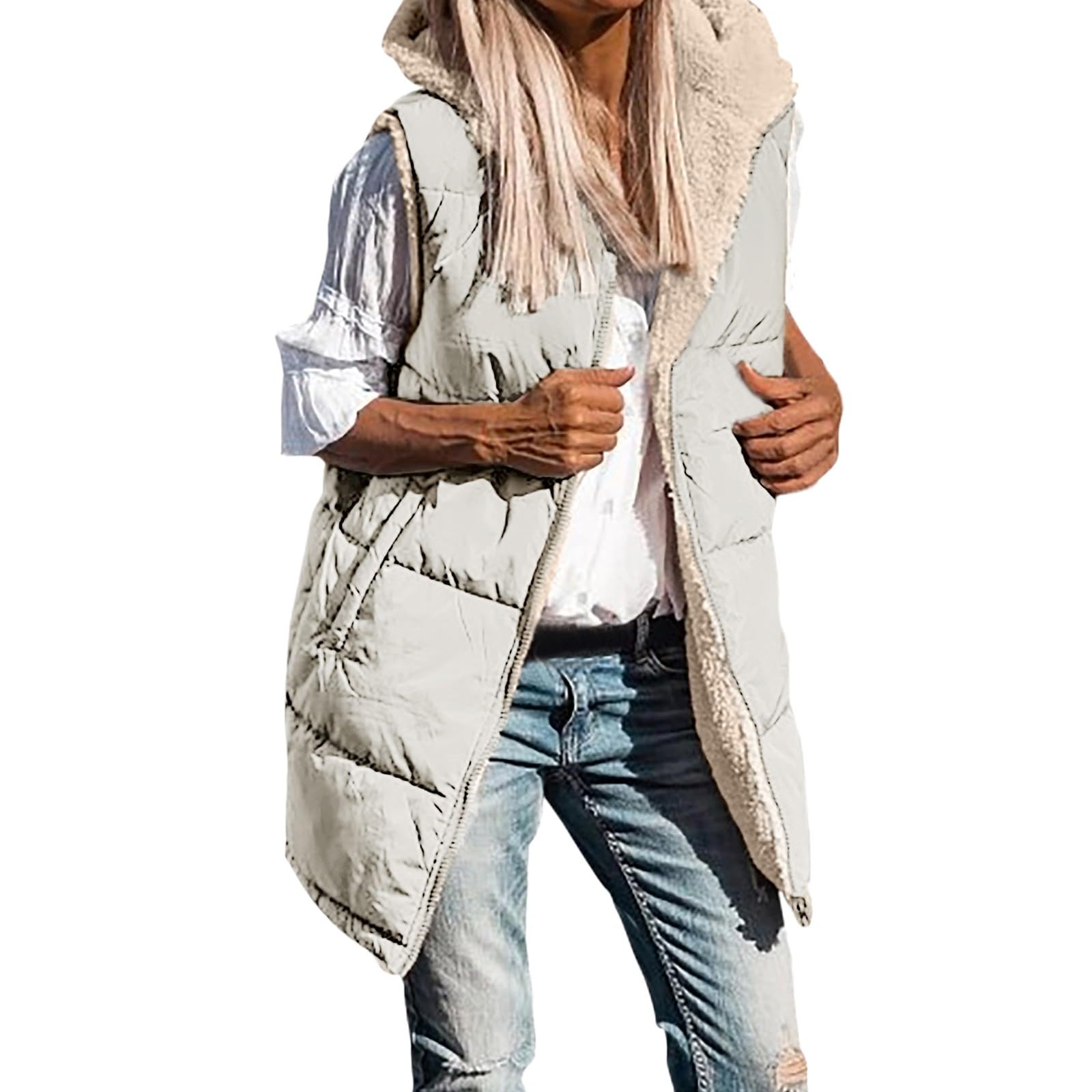 Uwdiohq Manteau Femme Sans Manche Doudoune Longue - Gilet Chaud Capuche Zippé Avec Poches Hiver