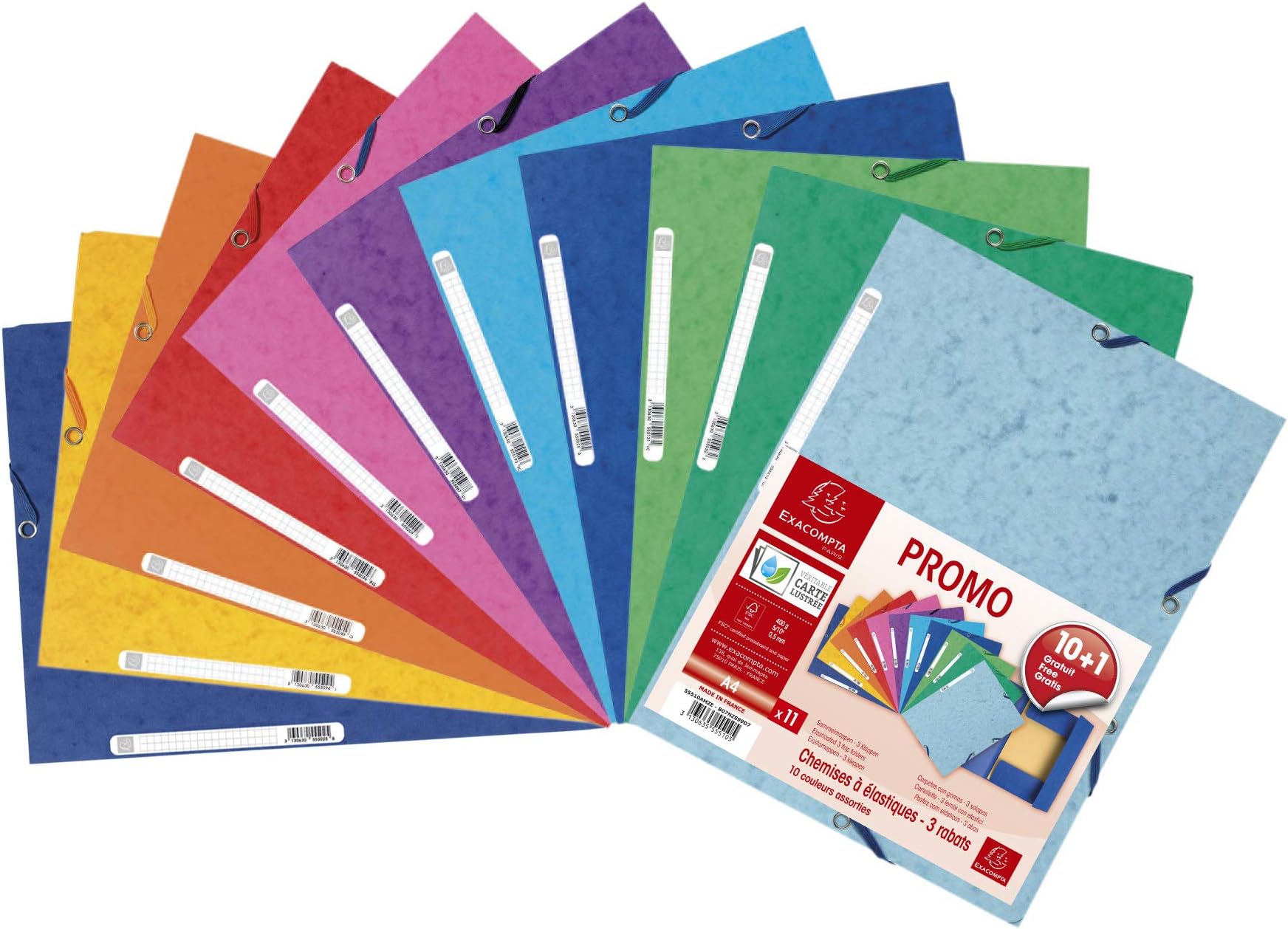 Ref 55510AMZE - Glossy Elasticated Folder - Suitable for A4 Documents, 400gsm Glossy Card, Spine Label for Easy Identification - Assorted Colours (Pack of 11)
