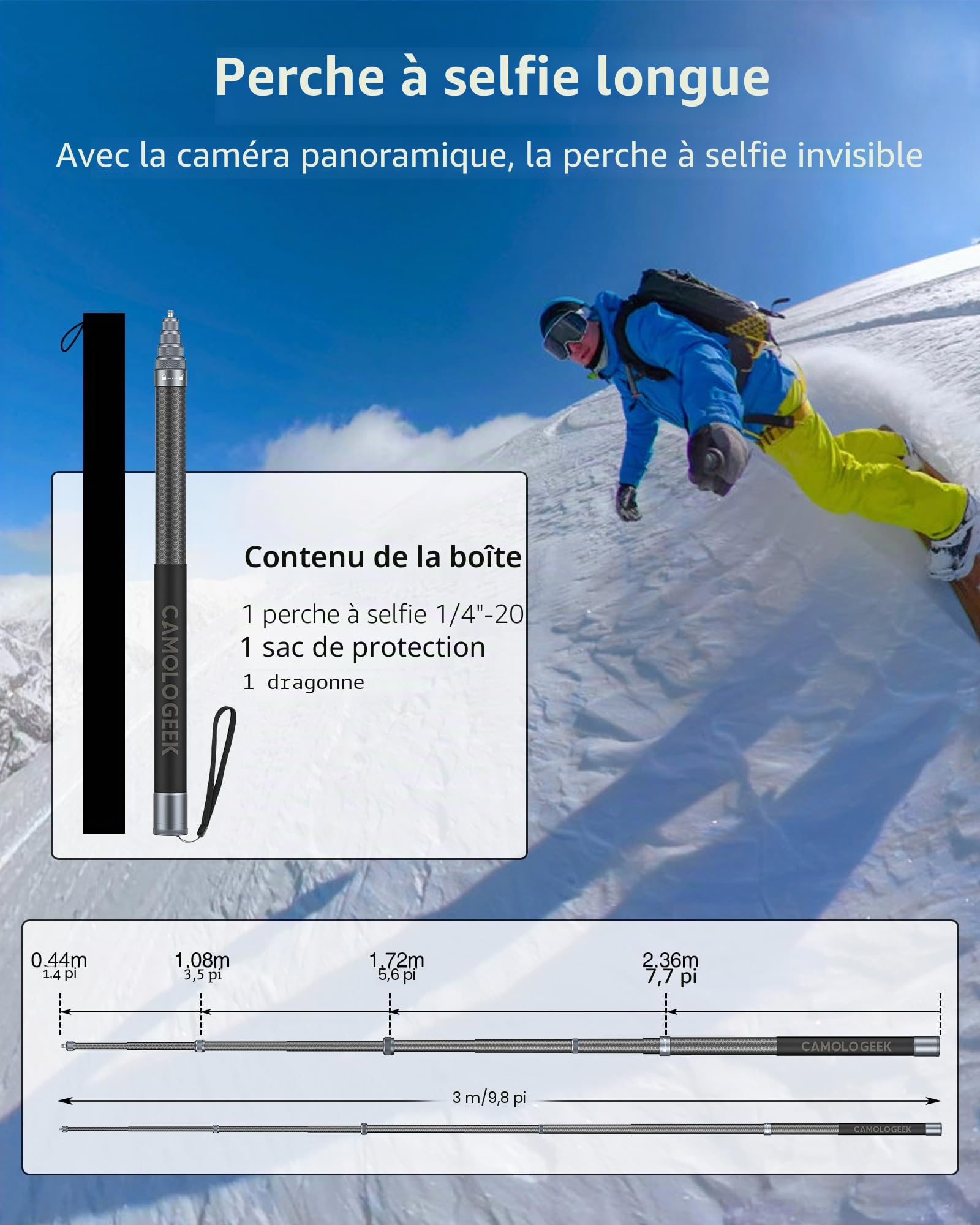 CAMOLOGEEK Perche à Selfie Invisible 3,0m/118 en Fibre de Carbone avec Poignée Antidérapante et Montage 1/4" pour GoPro Hero 13, 12, 11, 10, 9, 8, DJI Osmo 360 Action 5 Pro 4 3 Insta360 X5, X4, X3