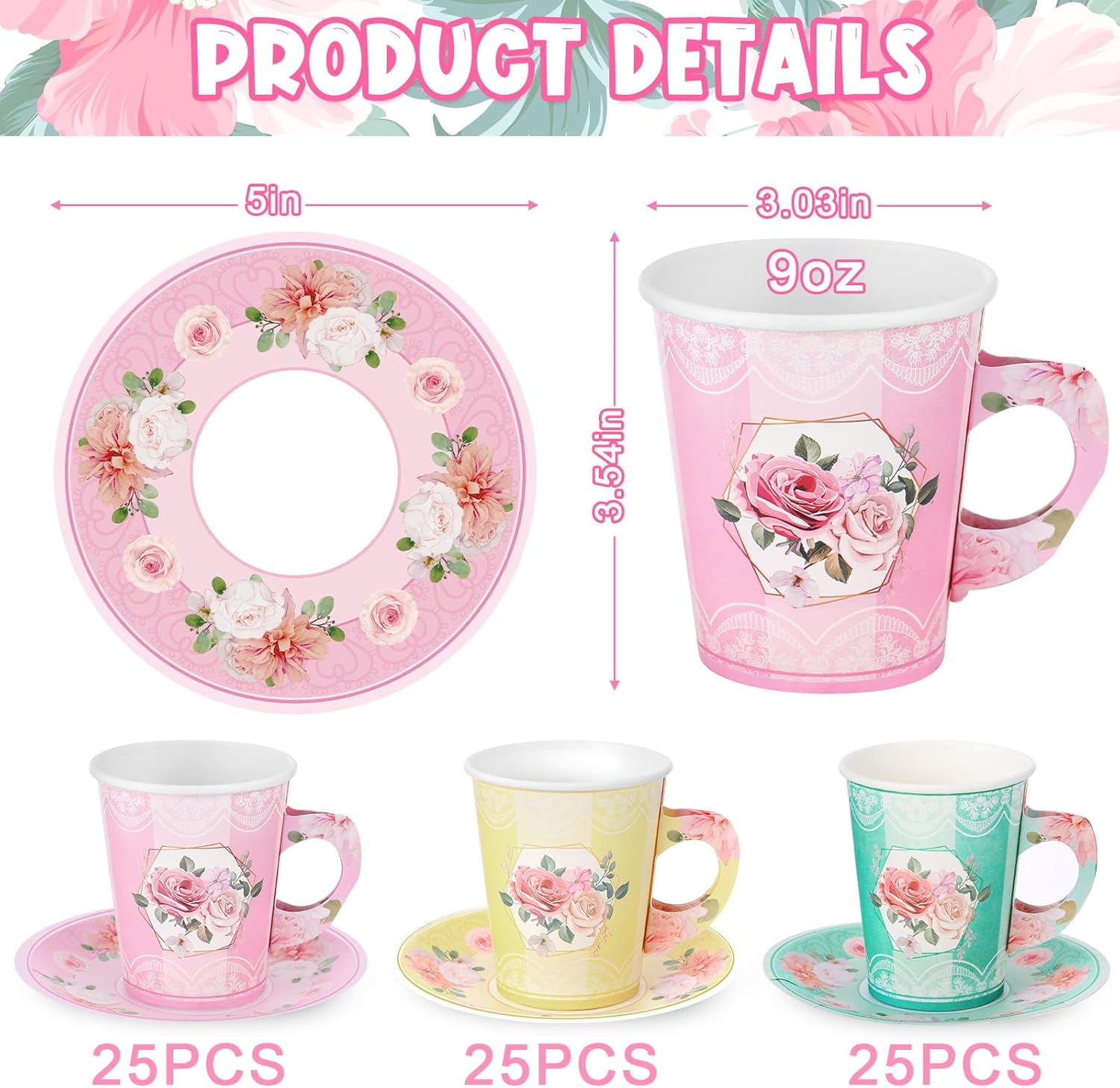 Zopeal 150 Pcs Tea Party Decorations 9 oz Paper Tea Cups and 5 Inch Plates Disposable Cups with Handle Floral Paper Saucers Sets for Birthday Wedding Party Supply