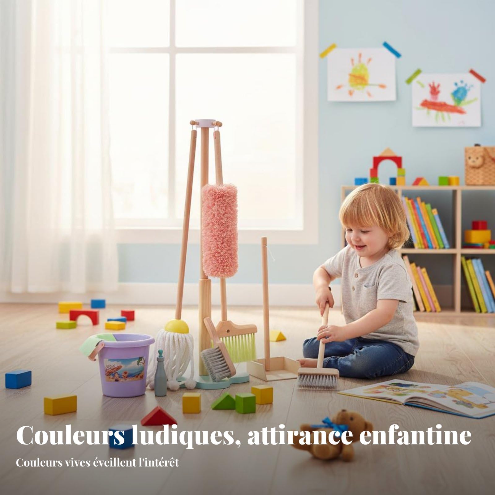 Amagogo Carrello Pulizia Bambini con Duster Scopa Paletta Spazzola Kit Gioco Educativo Struttura Legno Favorisce Sviluppo Abilità Motorie Adatto a Asilo Casa Attività Ricreative