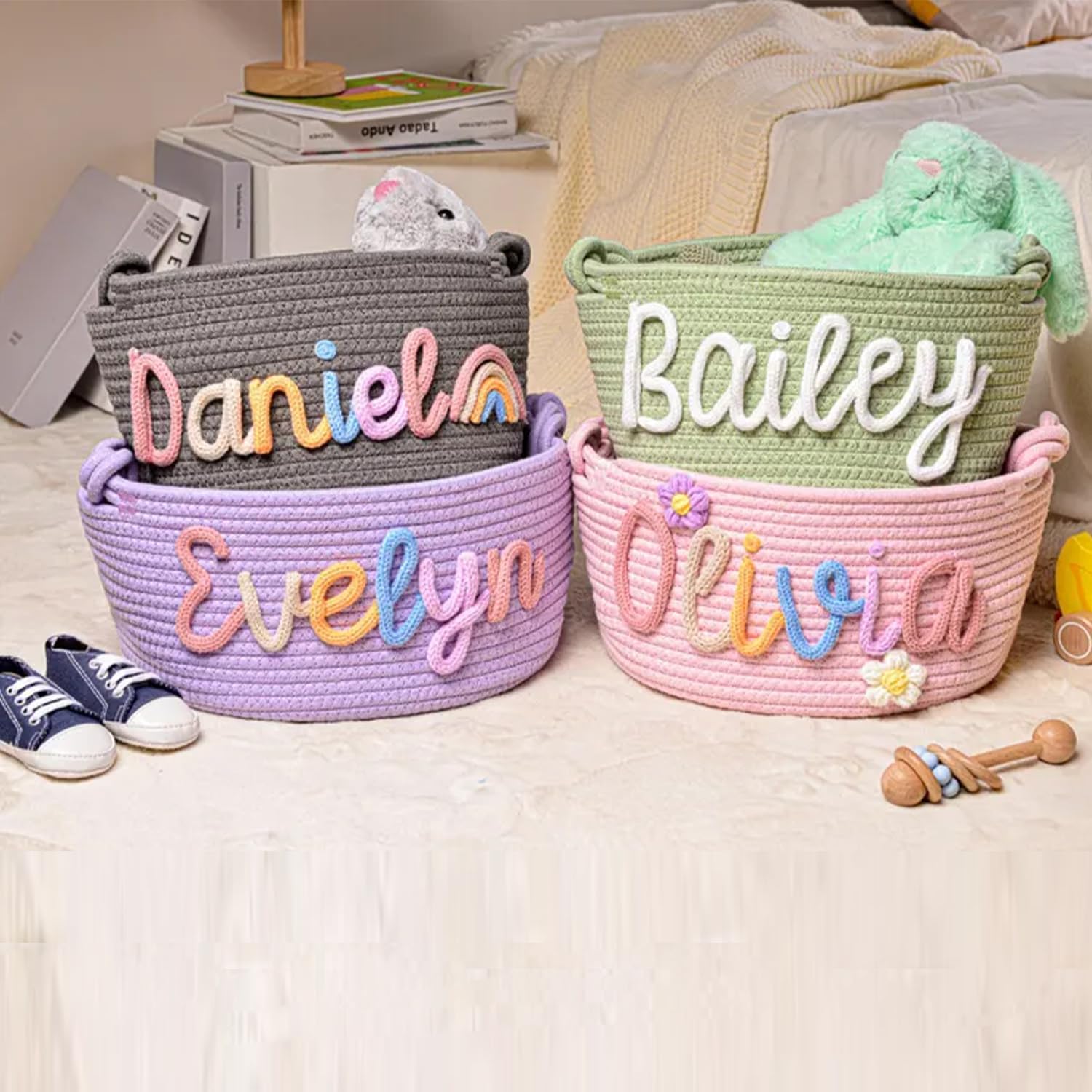 Personalized Baby Name Basket Custom Easter Cotton Rope Diaper Caddy & Nursery Storage Organizer Bin for Baby Birthday Shower Gift, Newborn Essentials, Kids' Bedroom Bathroom Decor (Style D)