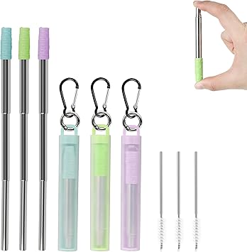 3 Pack Reusable Collapsible Straws with Silicone Tip, Telescopic Portable Stainless Steel Reusable Keychain Drinking Straws with Case, Cleaning Brush, for Travel, School, Picnic