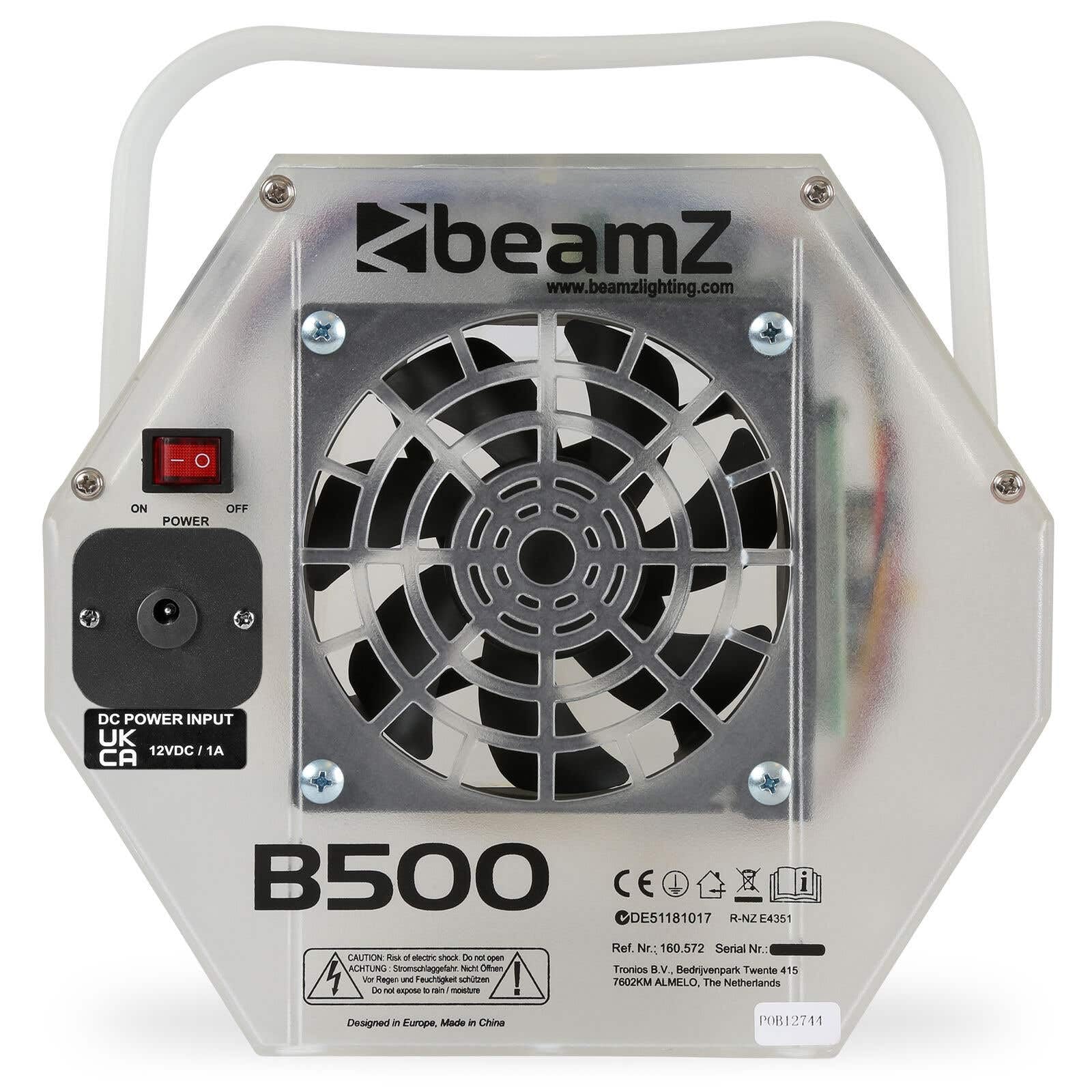 BeamZ B500LED - Máquina de Burbujas con Leds Multicolor, 1L de líquido Incluido, diseño Transparente, Potente Ventilador, Uso automático, Fiestas, Eventos y ferias Infantiles