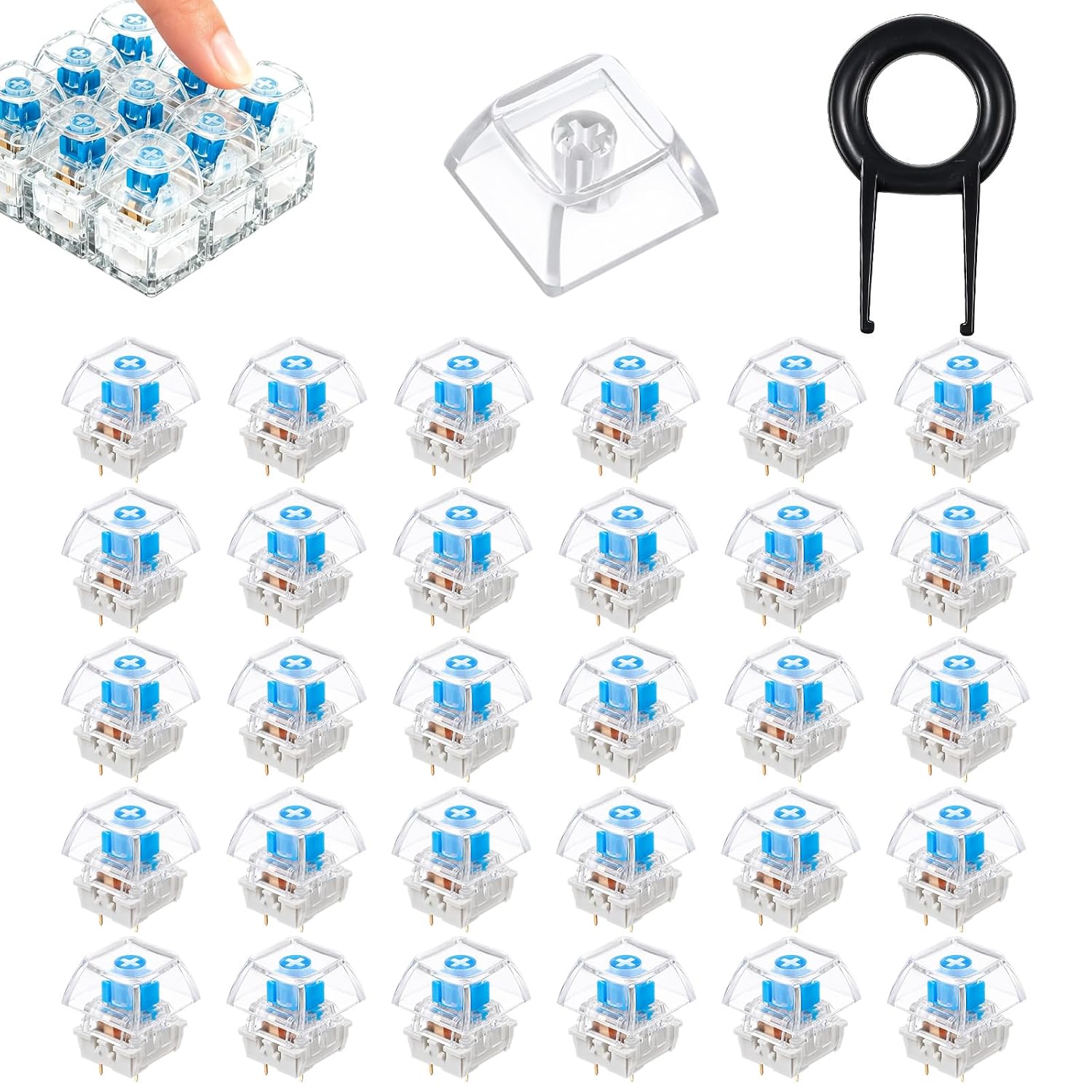 60 PCS Blue Clicky Switches Blue Mechanical Keyboard Switch and Keycap Set, PC Blank Keycaps Transparent 1U R4 Keycap with Puller for MX Style 3 Pin Mechanical Keyboards Clicker Keys Replacement
