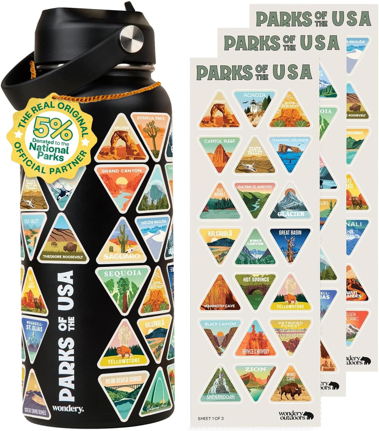 Wondery The Original National Parks of the USA Bucket List Water Bottle I Black 32 oz Engraved DetailingI Stainless Steel Vacuum Sealed I Leak Proof I BPA Free