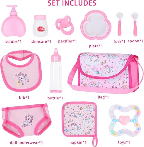Miniatura 4 de UNICORN ELEMENT 12 piezas de ropa y accesorios para muñecas de 16 a 18 pulgadas, juego de alimentación y cuidado de muñecas recién nacidas con bolsa