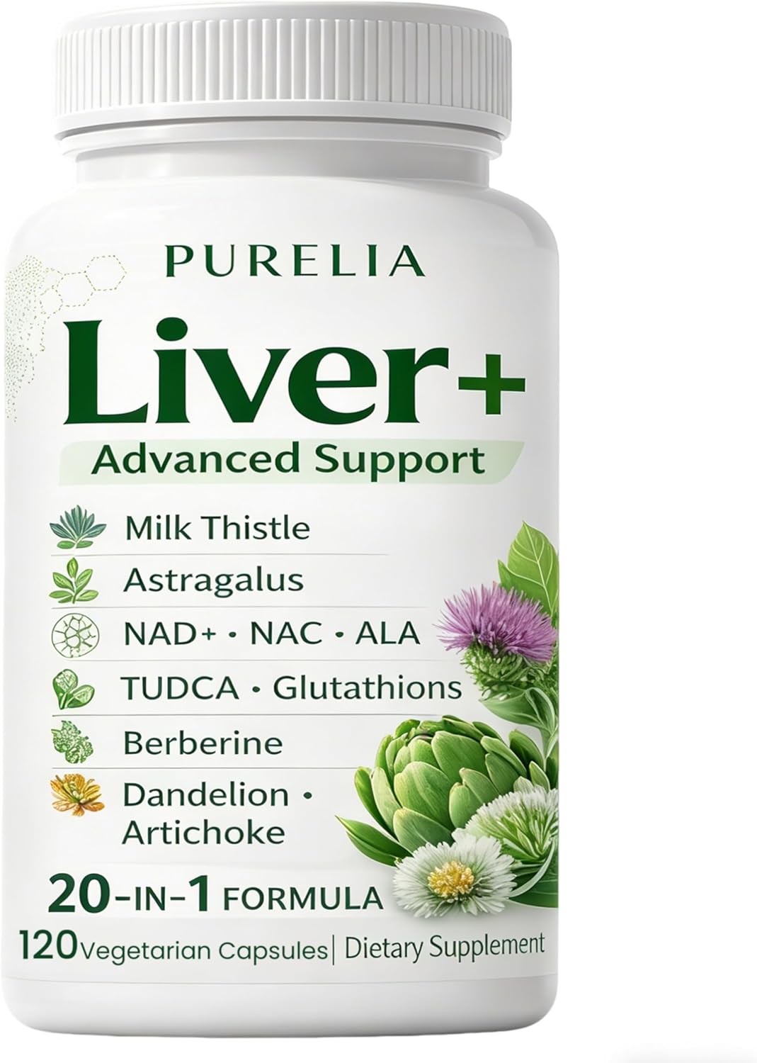 PURELIA Liver Advanced+, 120 Veggie Capsules | 20-in-1 Complex with Milk Thistle, Dandelion, NAD, NAC, ALA, TUDCA, Glutathione, Artichoke, Turmeric, & Astragalus | Non-GMO, Gluten Free