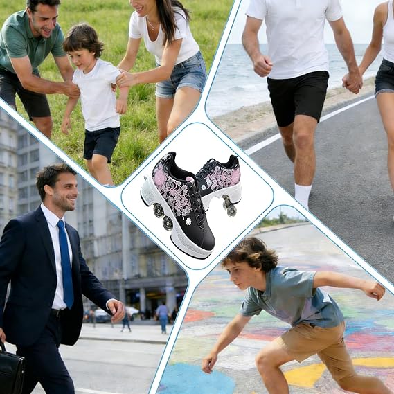 2-in-1 Retractable Roller Skate Shoes | Unisex 4-Wheel Skates for Indoor & Outdoor Fun | Convertible Quad Roller Skate Shoes | 4-Wheel Pop-Up Sneakers for Unisex Kids Adults