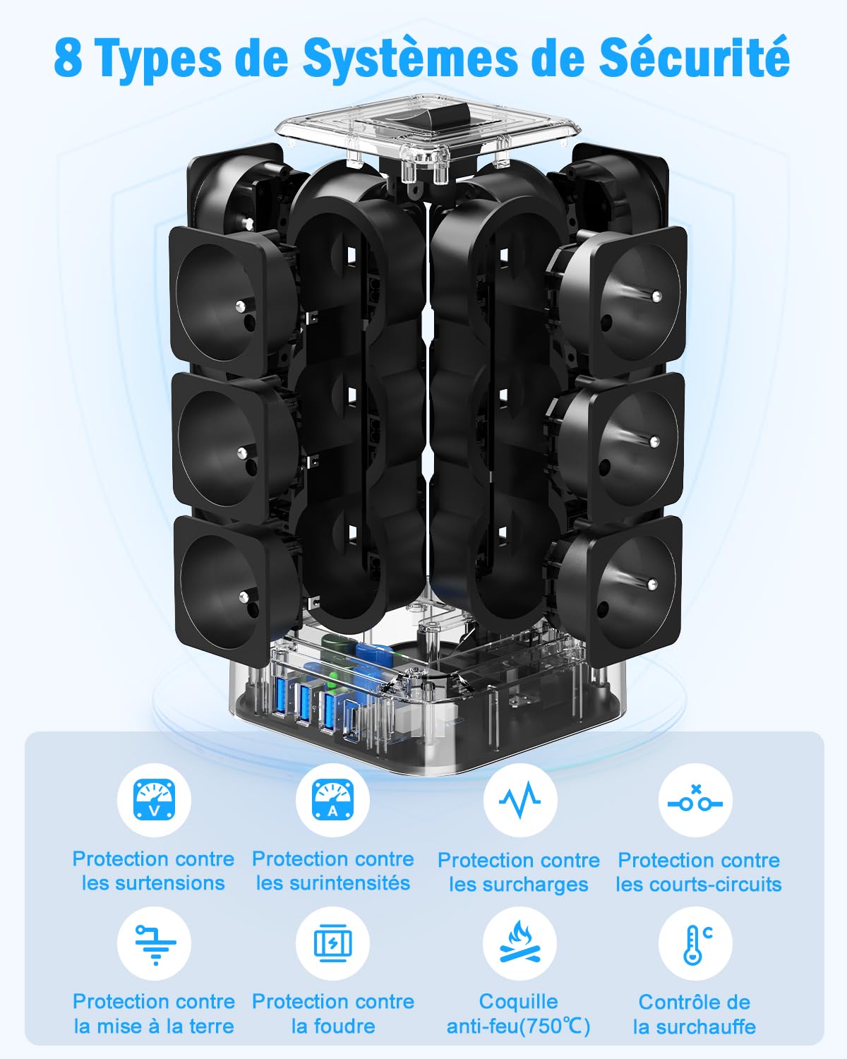 TOPREK Steckdosenleiste mit 12 französischen AC-Steckdosen und 1 USB C (20 W PD3.0) und 3 USB A und 1 Schalter und 2 m Verlängerungskabel, 4000 W/16 A