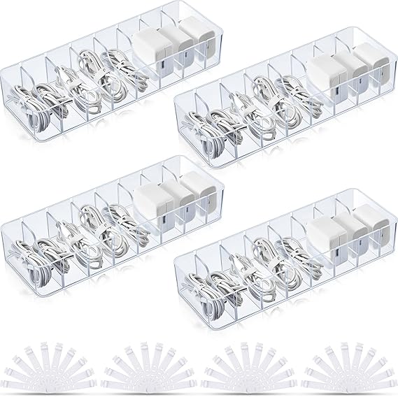 Cable Organizer Box With Wire Ties - Clear Plastic Cord Storage With Adjustable Partitions For Desk Organization