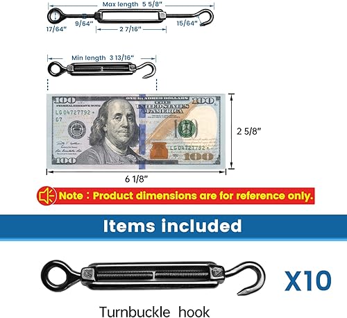 Miniatura 18 de Muzata Paquete de 5 tensores de gancho y tensores de ojo M4 para cable de cable T304 Tensor de cable de acero inoxidable Kit de cuerda de alambre