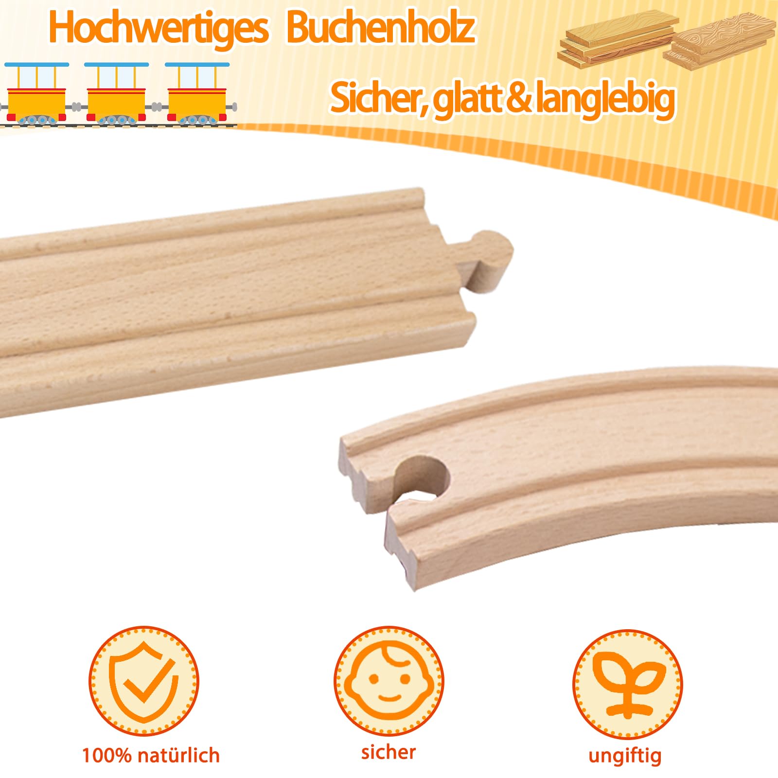 Holzeisenbahn Schienenset, Kompatibilität mit Allen Holzeisenbahn Zubehör und Holzschienen, Erweiterungsset für Modellbahn, kreatives Spielen für Kinder ab 3 Jahren（Holz-Waldbahnschienen）