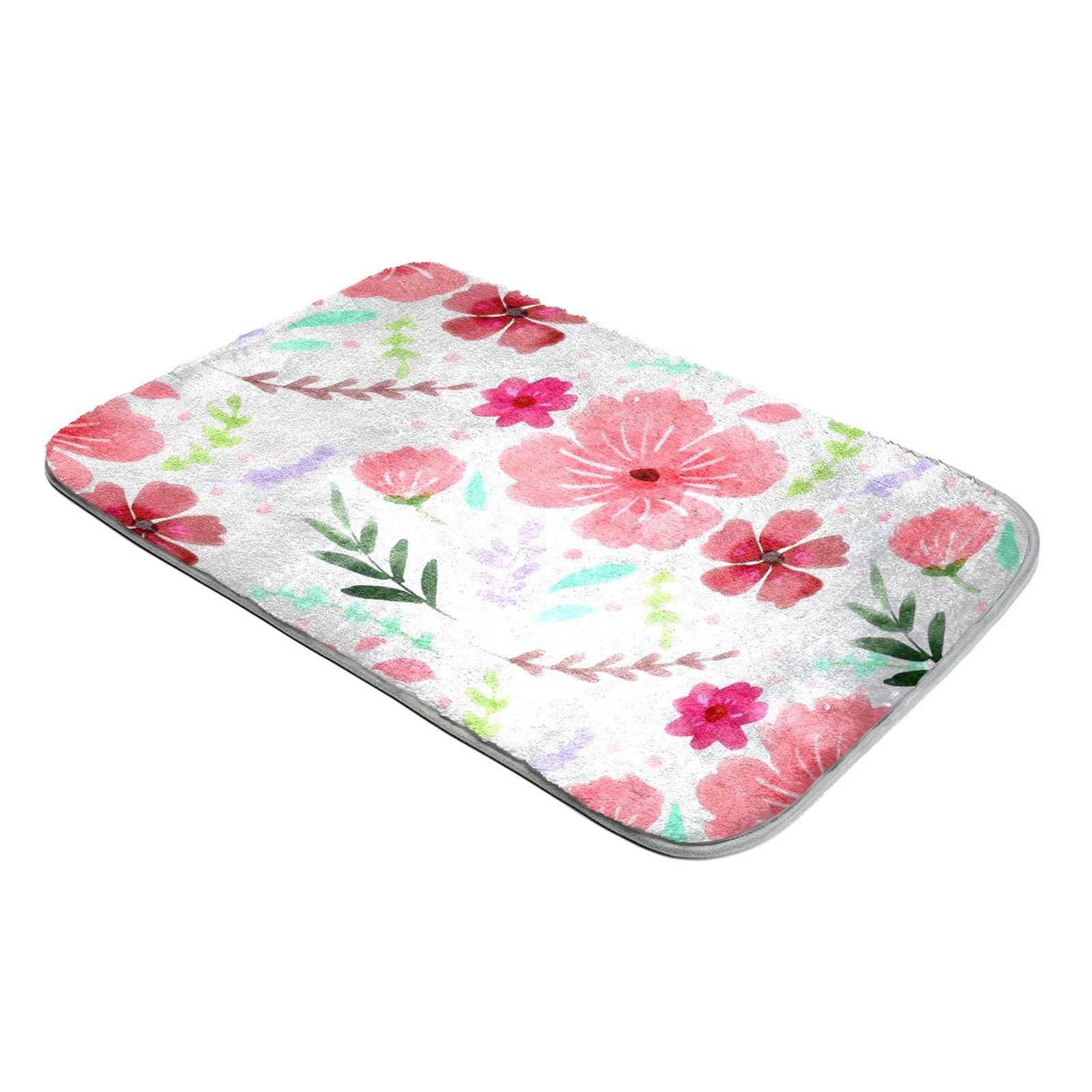 Tapis à poils longs rose ultra doux en peluche au motif de fleurs dessinées à la main