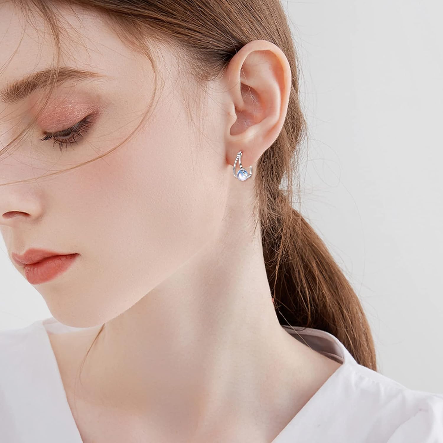 VONALA Gemstone Double Hoop Earrings for Women Sterling Silver Pearl Moonstone Turquoise Black Onyx Jade Opal Lapis Lazuli Earrings for Women - Image 3