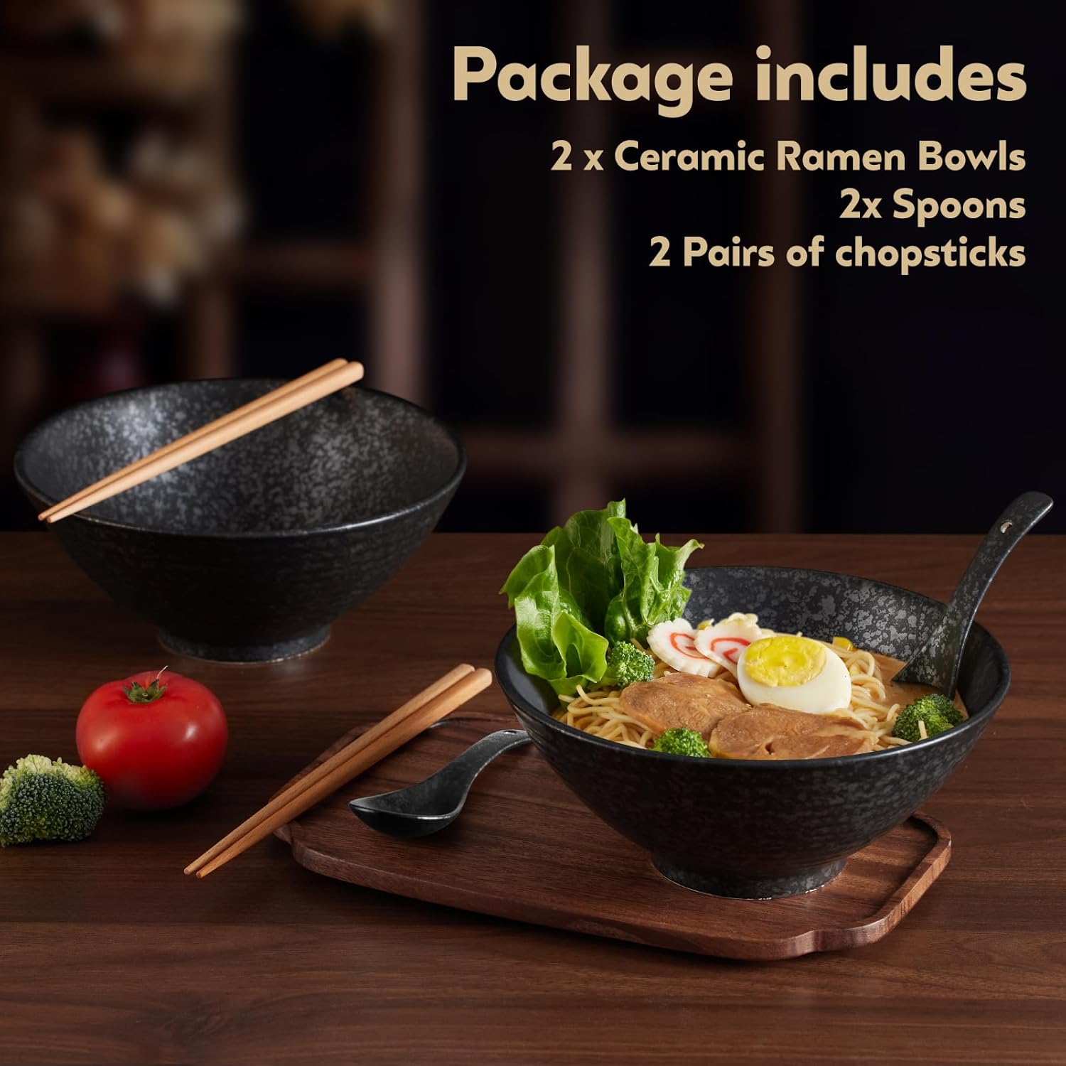 Japanese Ramen Bowl Set 2PCS, 40oz Large Ceramic Noodle Bowls with Chopsticks and Spoons for Pho, Udon, Rice, Pasta – Microwave & Dishwasher Safe (Black(2 pieces))