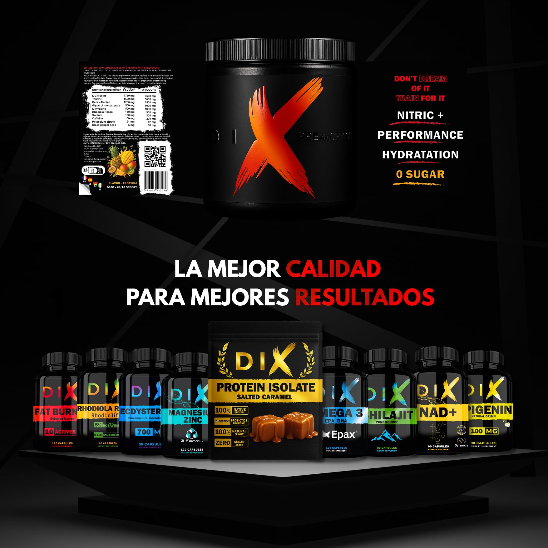DIX Pre Entreno Workout Fuerte, Energía y Pump, 400 g Tropical | Con L-citrulina, beta-alanina, L-tirosina y rodiola: enfoque, resistencia y bombeo muscular sin bajón.