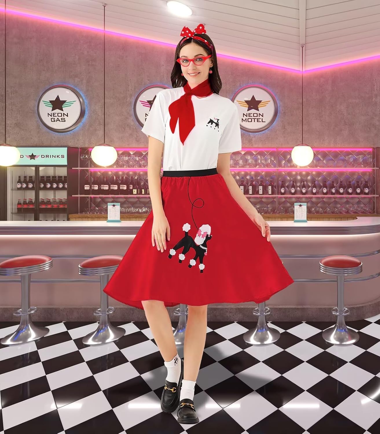 10Pcs Sock Hop Outfits Women, 1950s Poodle Skirts, T-Shirt with 50s Accessories Socks Scarf Headband Belt Earring - Image 2