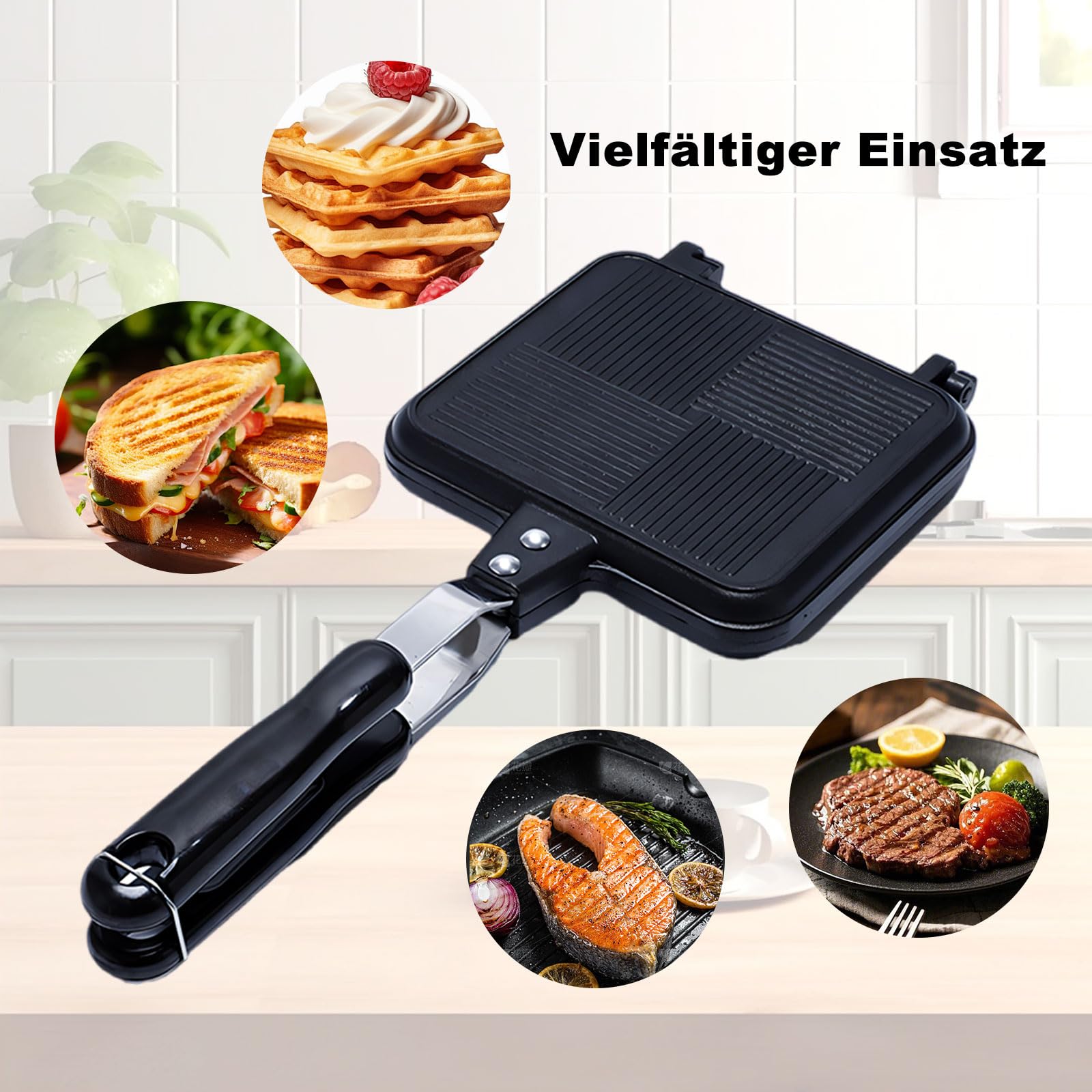 Elsjoy Poêle à frire double face en aluminium avec poignée résistante à la chaleur - Anti-adhésive - Pour sandwich, panini - Pour le camping, la maison, la cuisine, le petit-déjeuner
