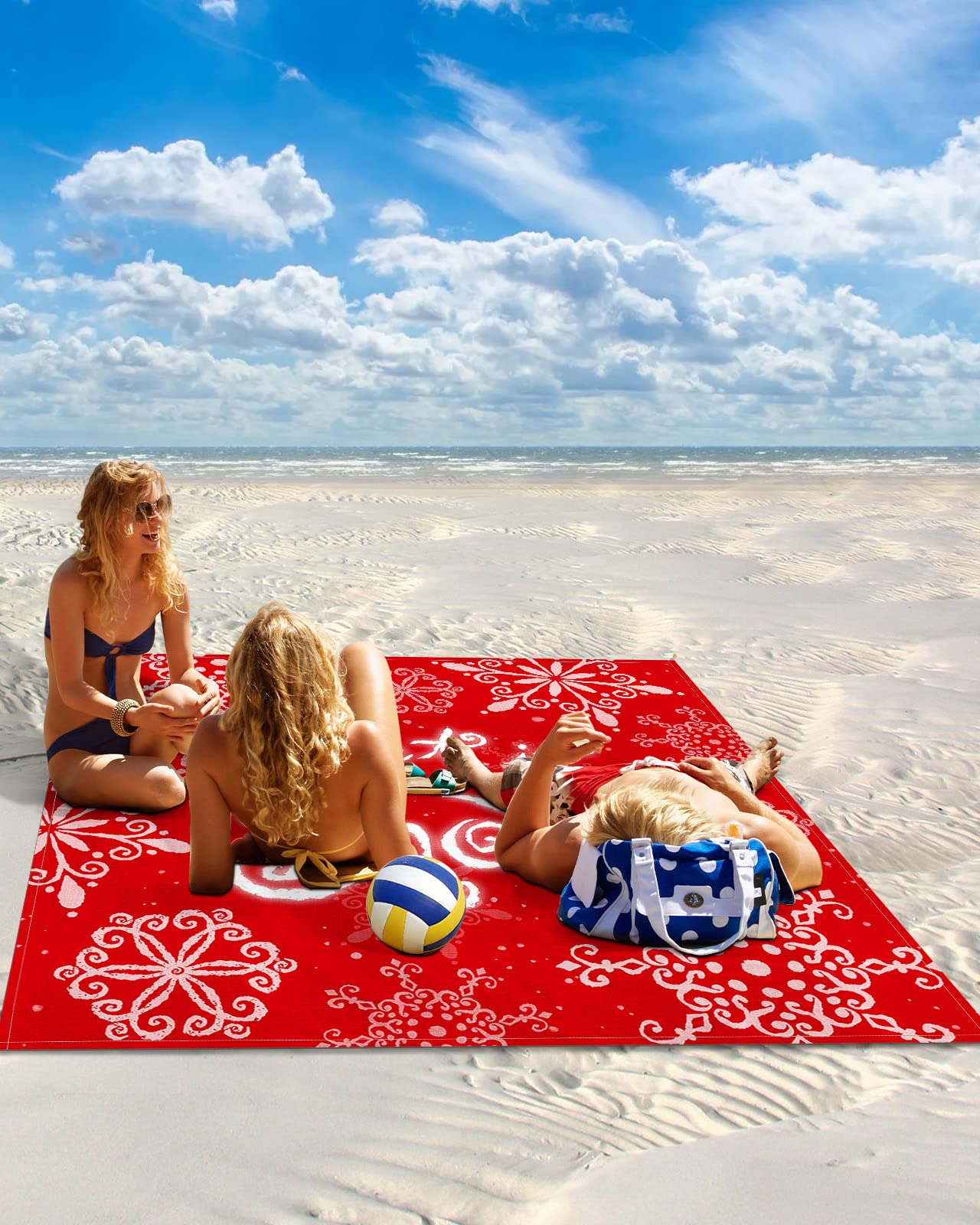 LEOKOTI Christmas Beach Blanket Waterproof Sandproof, Let's Snow Snowflake Filling Red Xmas Lightweight Outdoor Picnic Blanket Portable Large Beach Mat for Travel/Camping/Hiking 83