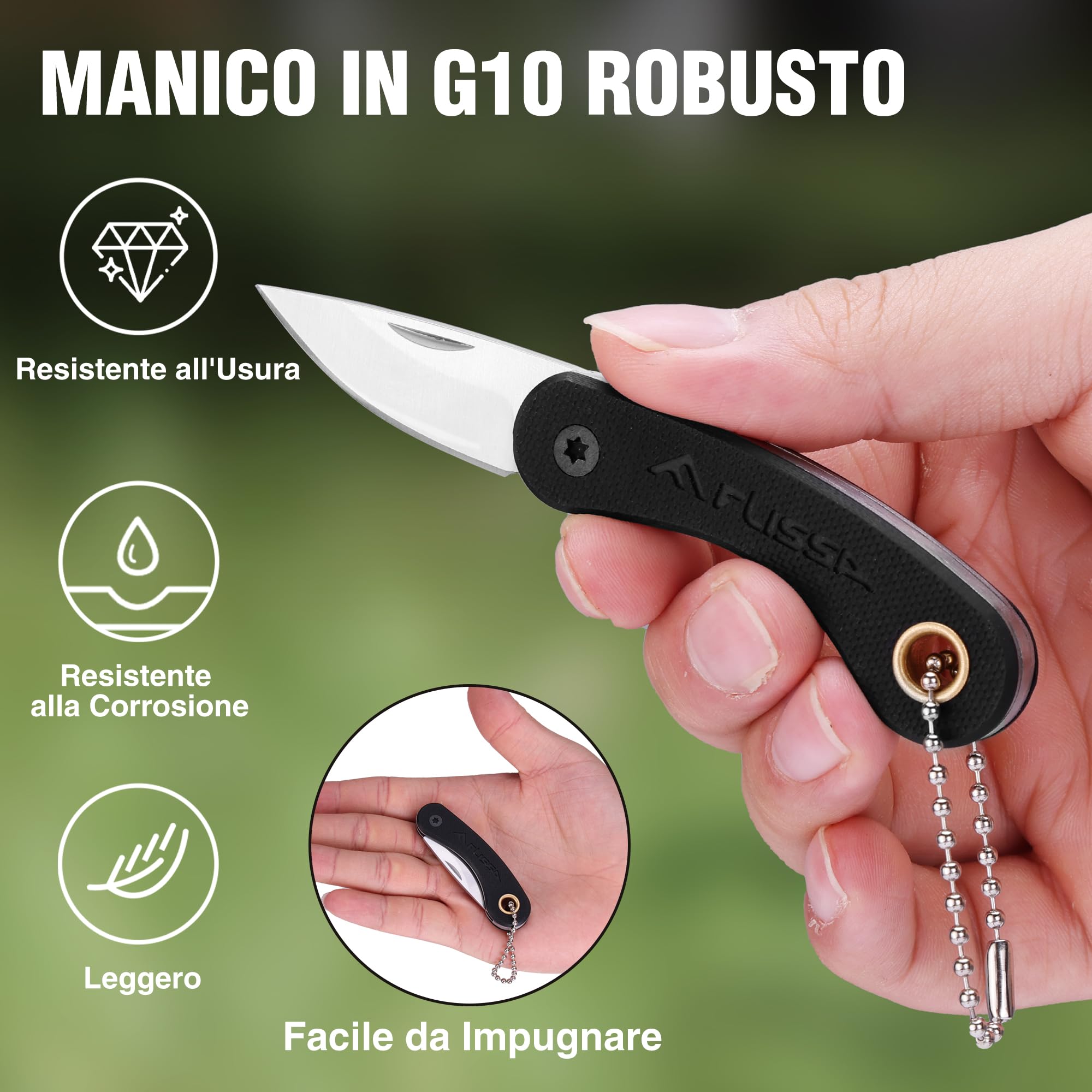 FLISSA Mini Coltello Tascabile, Coltello a Serramanico con Manico in G10,Lama in Acciaio INOX 5CR15MOV, Finitura CNC, Taglierino Portatile, EDC per Uso Quotidiano e Attività Outdoor