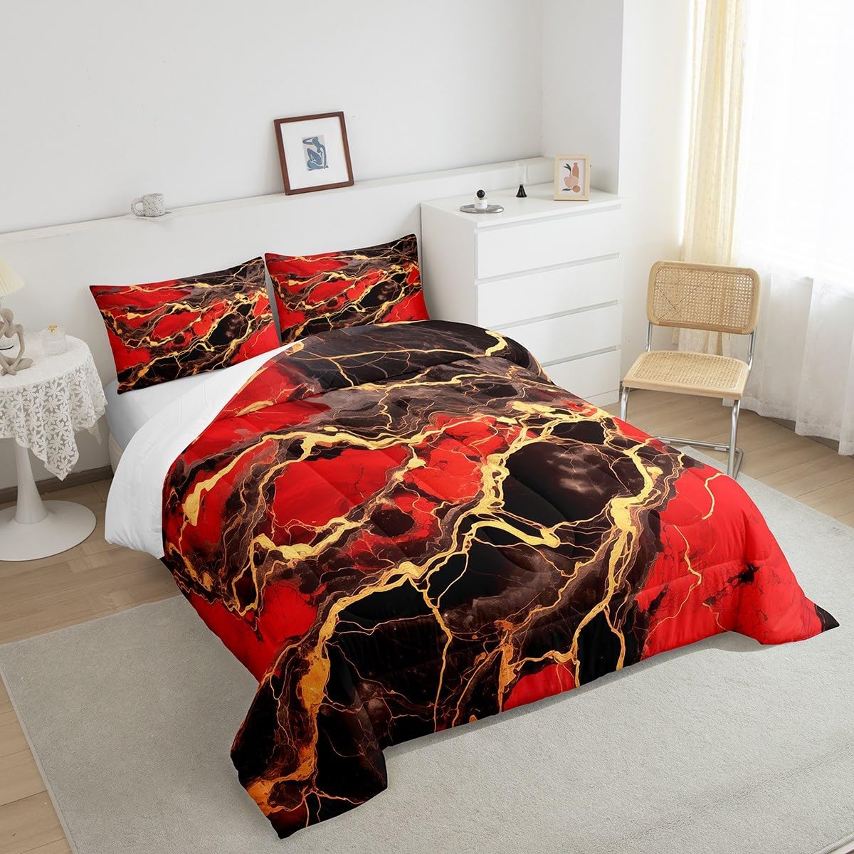 Manfei Marble Print Comforter Set Queen Size,Gold Marbling Geometric Stripes Bedding Set,Boys Girls Adults Room Decor,Artwork Abstract Stone Down Comforter,Red Black Bright Duvet Insert,2 Pillowcases