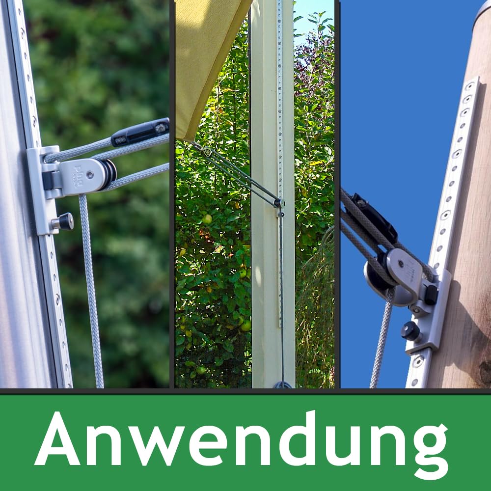 Höheneinstellung: Set für Sonnensegel - Masten, Stangen & Pfosten, 4-Fach Flaschenzug/Seilzug: extra zugstarkes Befestigungsset für Sonnensegel (mit V2A-Blindnieten)